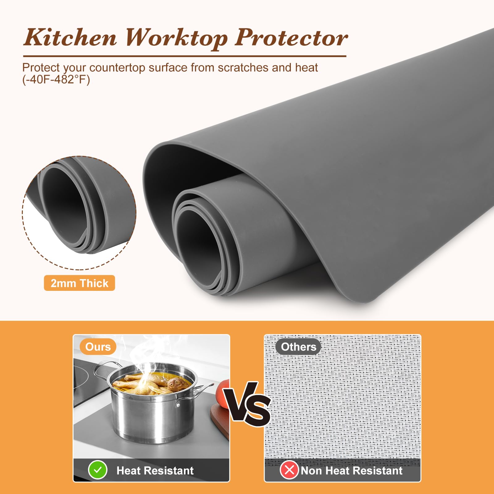 2mm Tappetino Silicone Resistente al Calore per Friggitrice ad Aria 60x40cm, Senza Pieghe Grande Tappetino per Lavoro in Cucina, Protezione per Piattaforma di Lavoro (Grigio)