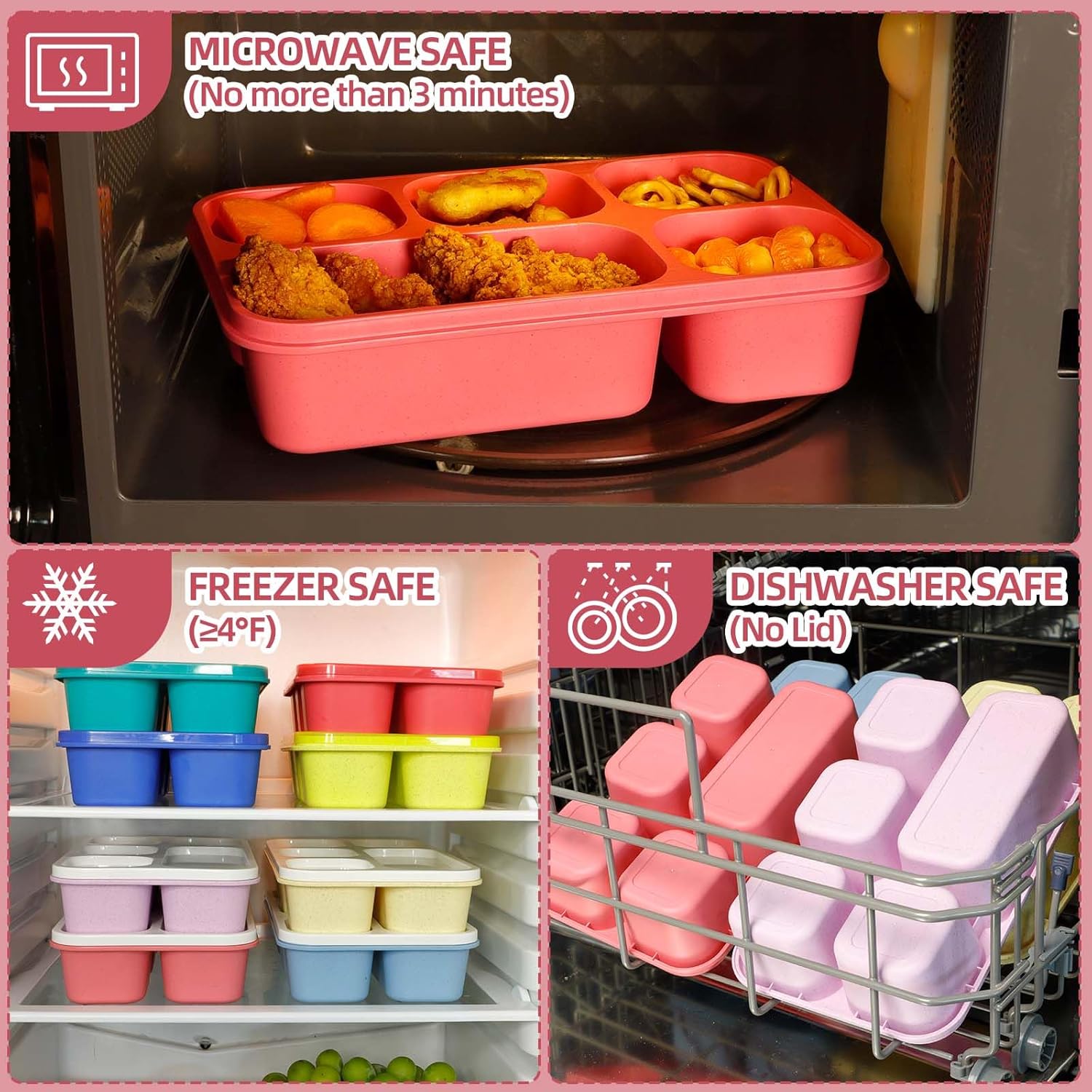 Caperci Large Bento Lunch Boxes for Adults & Kids - 5 Compartment Lunchable Snack Box Containers, Built-in 4 Leak-Proof Dipping Sauce Cups, Reusable Food Storage Containers, 4-Pack (Vintage Colors) - Image 4