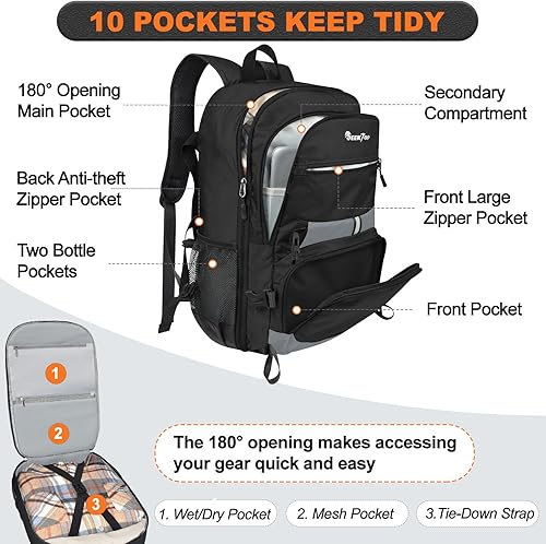 Miniatura 2 de Seektop Mochila de viaje ligera para hombres y mujeres, múltiples bolsillos 40L, mochila de senderismo plegable, Negro, Grande