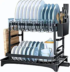 Escorredor de Louça 2 Andares Preto em Aço Carbono | Organiza Talheres, Tábuas e Pratos Sem Bagunça | Drenagem 360° | Bandeja coletora | Antiferrugem