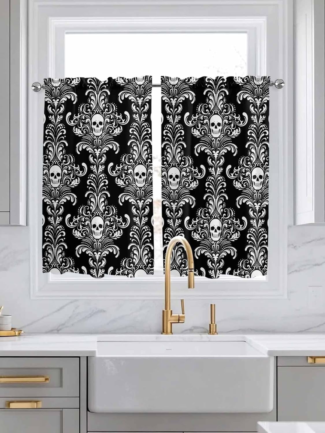 PIEPLE Window Curtains 54 Inch Length for Living Room Bedroom, Halloween Skull Floral Pattern Rod Pocket Kitchen Curtain Horror White Black Lace Window Curtain Panels Drapes, 42" W x 54" L, 2 Panels