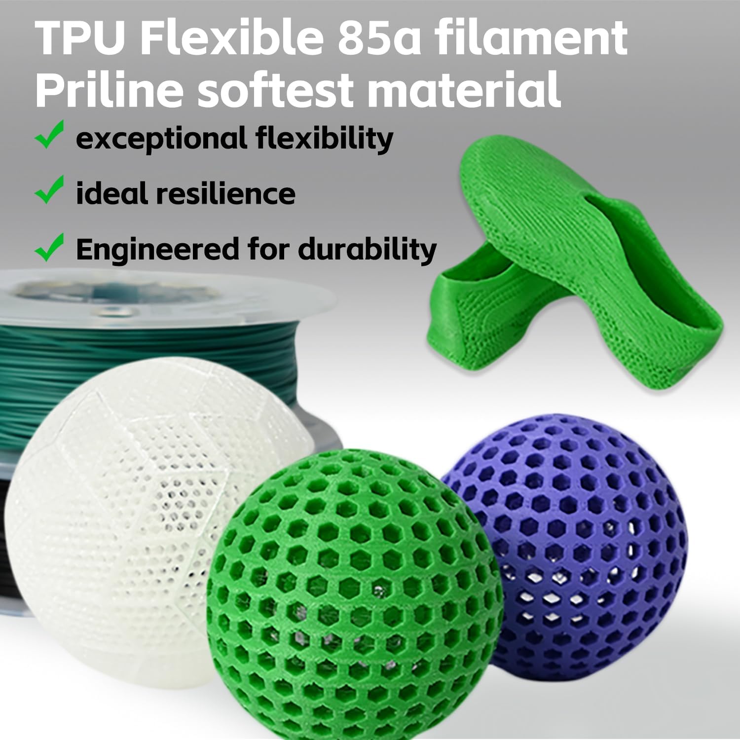 TPU Filament, PRILINE 85a Flexible Soft 3D Printer Filament 0.5KG 1.75mm Spool, Flexible Soft TPU 3D Printing Filament, Green