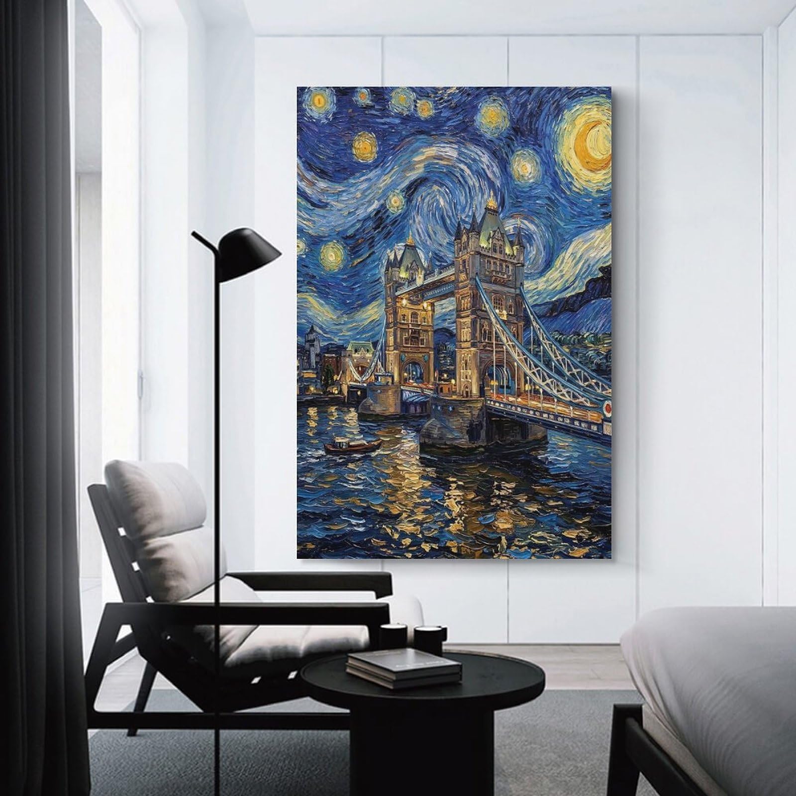 Junmoney Unframe-Style-19 Canvas Wall Decor Starry Night Tower Bridgeu, 24X36inch(60X90cm), For Home Lounge, Bedroom Or Reading Nook, Eye Catching Artwork For Blank Walls