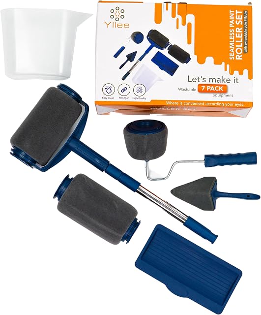 Yllee Non Drip Paint Rollers for Walls and Ceilings - 7 Pcs Wall Painting Kit - 2 Renovator Paint Runner Pro, Flocked and Triangle Smart Edger Painting Tools, Tray, Pouring Jug, Telescopic Roller Pole