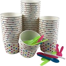 MMvolesy 8oz Rainbow Paper Ice Cream Cups Polka Dot Paper Disposable Dessert Cups, Ice Cream Bowls For Cold Or Hot Food, Paper Dessert Cups, And Coloured Paper Cups For Soups With Spoon 50Pc