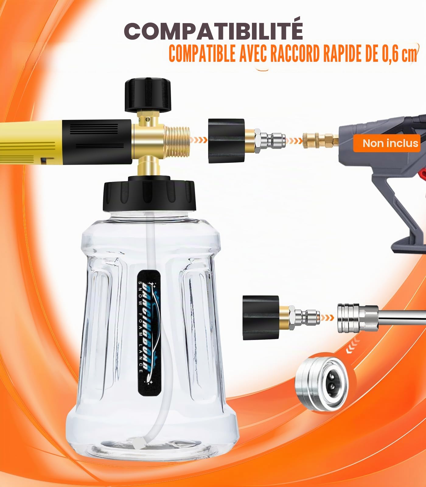 Canon a mousse amélioré pour nettoyeur haute pression 1/4 à dégagement rapide, 1L Canon à mousse Distributeur de savon avec buse de pulvérisation réglable de nouvelle génération (noir et jaune)