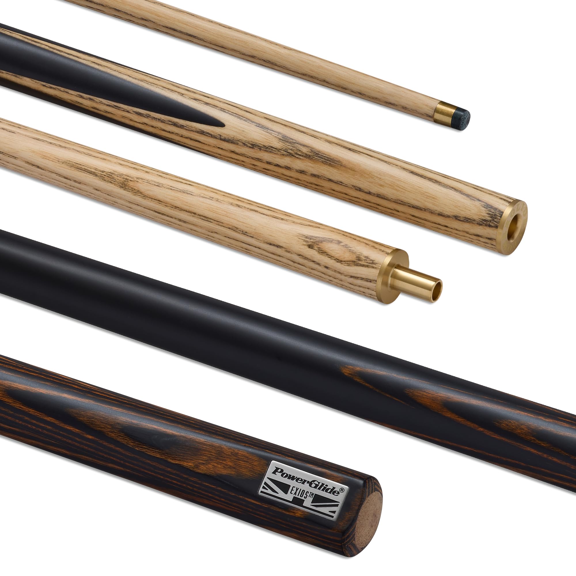 POWERGLIDE Exios 2 Piece Snooker Cue – Ash Shaft, Hand Spliced Butt, Brass Joint, 9.5mm Tip – Performance Cue for Improving & Competitive Players (Rainbow, Black/Grey, Brown & Blue Splice Designs)
