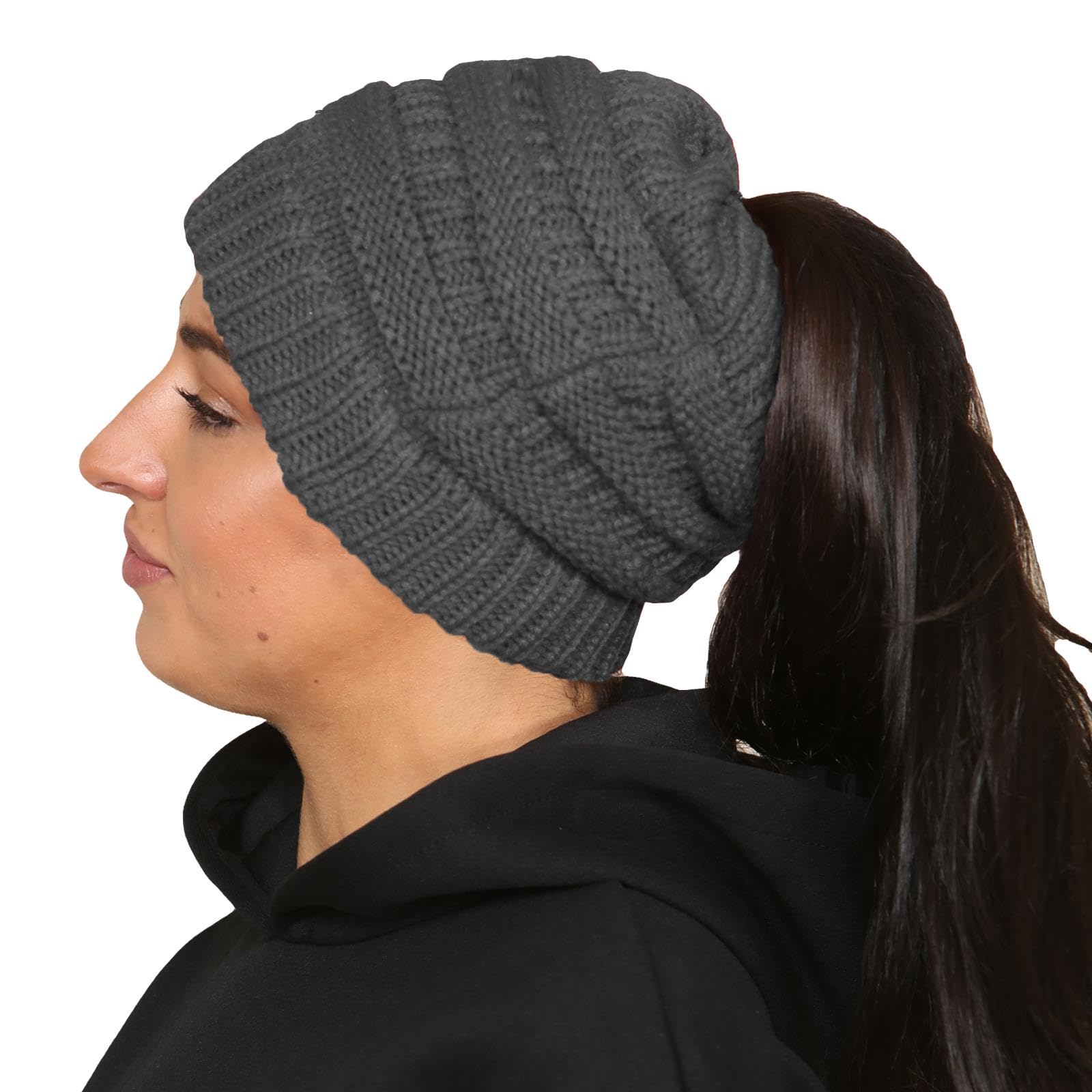 True Face Womens Ponytail Hat Stretch Knit Hats Ladies Messy Bun Beanie Warm Winter Headwear Grey One Size