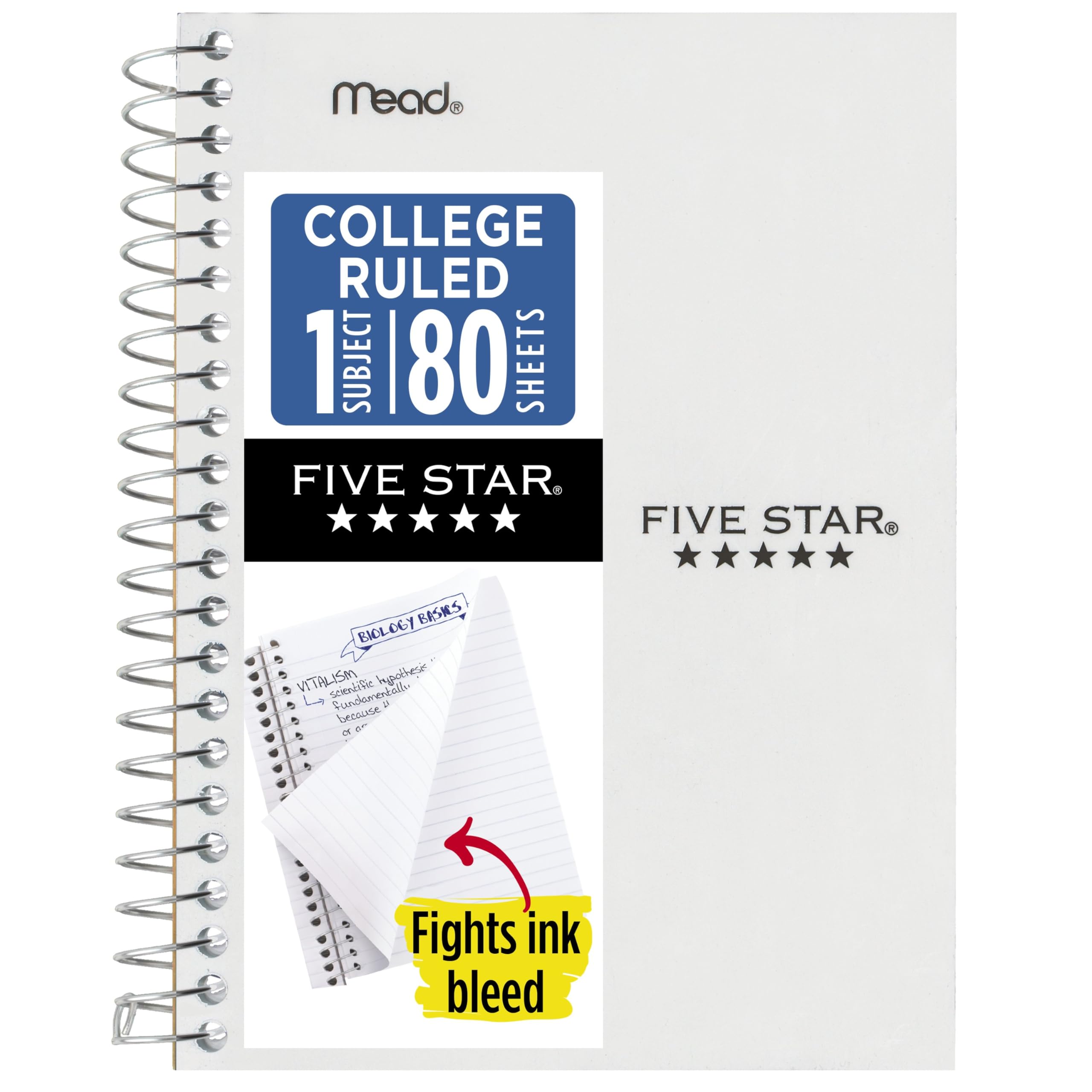 Five Star Spiral Notebook, 1 Subject, College Ruled Paper, 4-3/8" x 7", Small Size, 80 Sheets, Fights Ink Bleed, Water Resistant Cover, White (450048E)