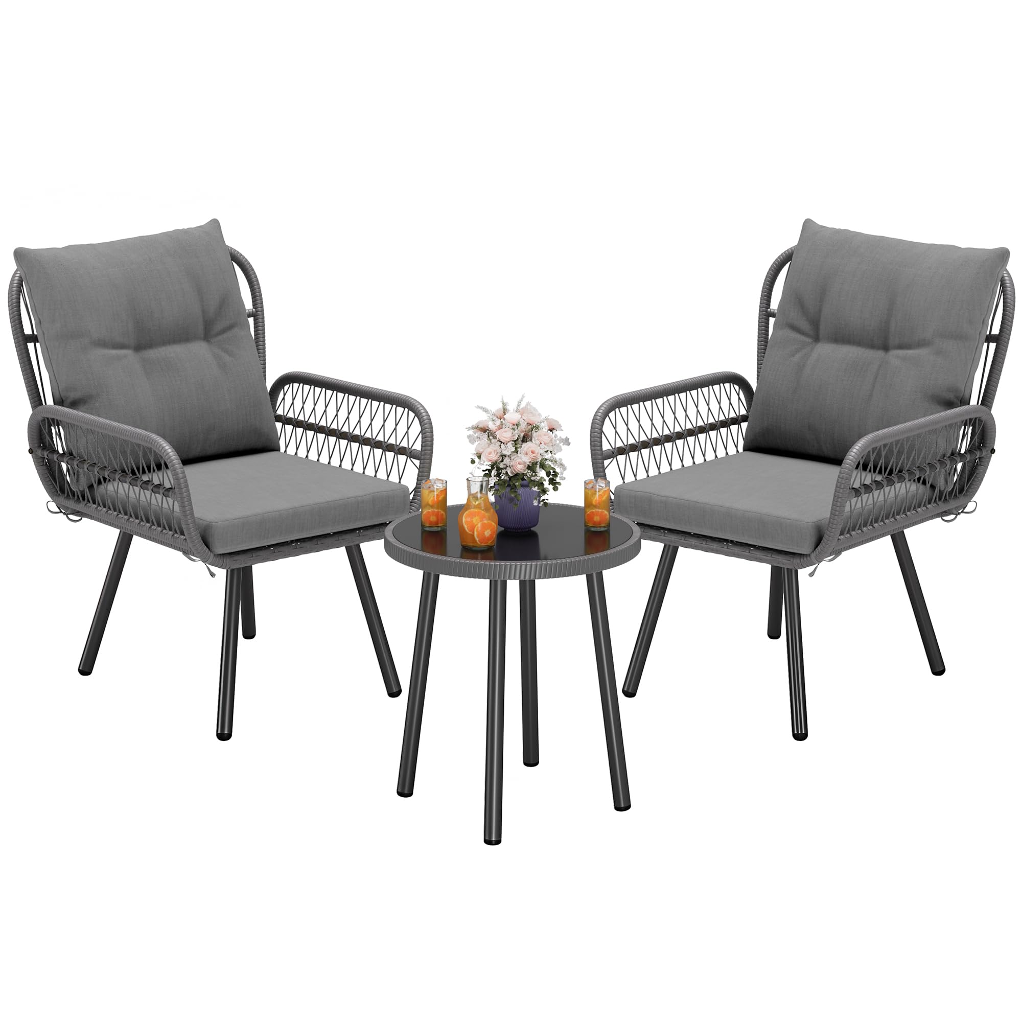Conjunto de Mesa y Sillas Jardín de Ratán de 3 Piezas Gris