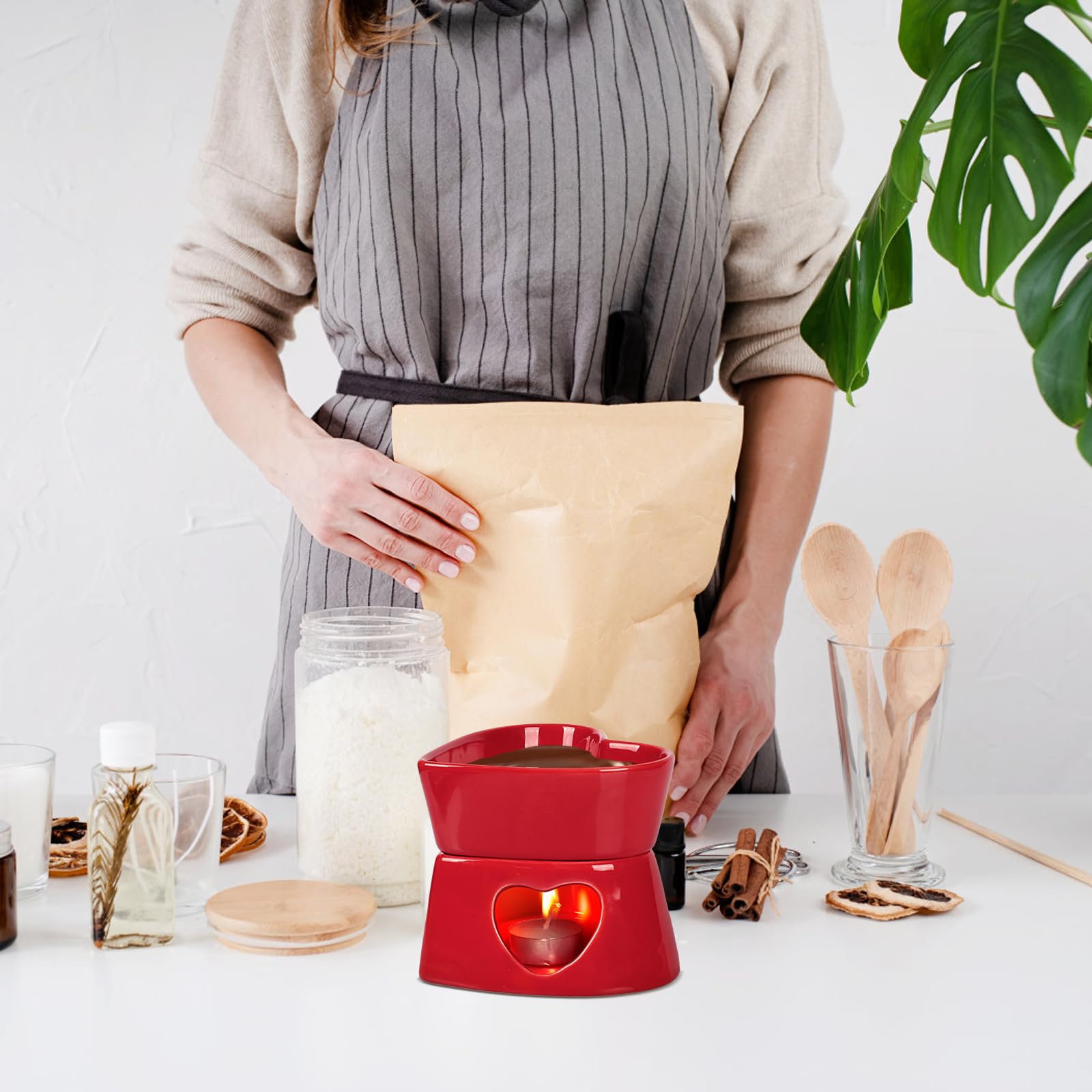 Fonduta al Cioccolato Forma di Cuore Rosso Fonduta Formaggio in Ceramica Rosso da 320 ml con 4 Forchette Rosse Acciaio Inossidabile - per San Valentino