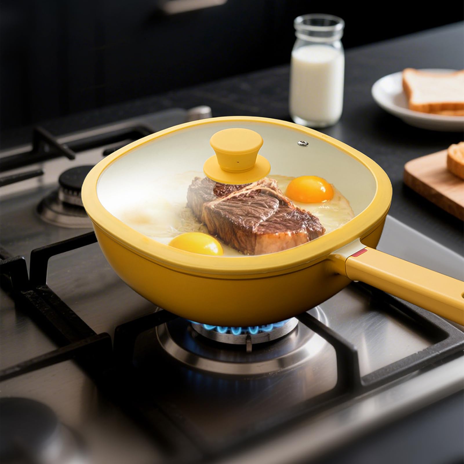 Patelnie Nieprzywierające Metalowa Ergonomiczna Rączka z Pokrywą | Patelnia Nieprzywierająca do Kuchenki Indukcyjnej i Gazowej, Dom, Mieszkanie, Restauracja,