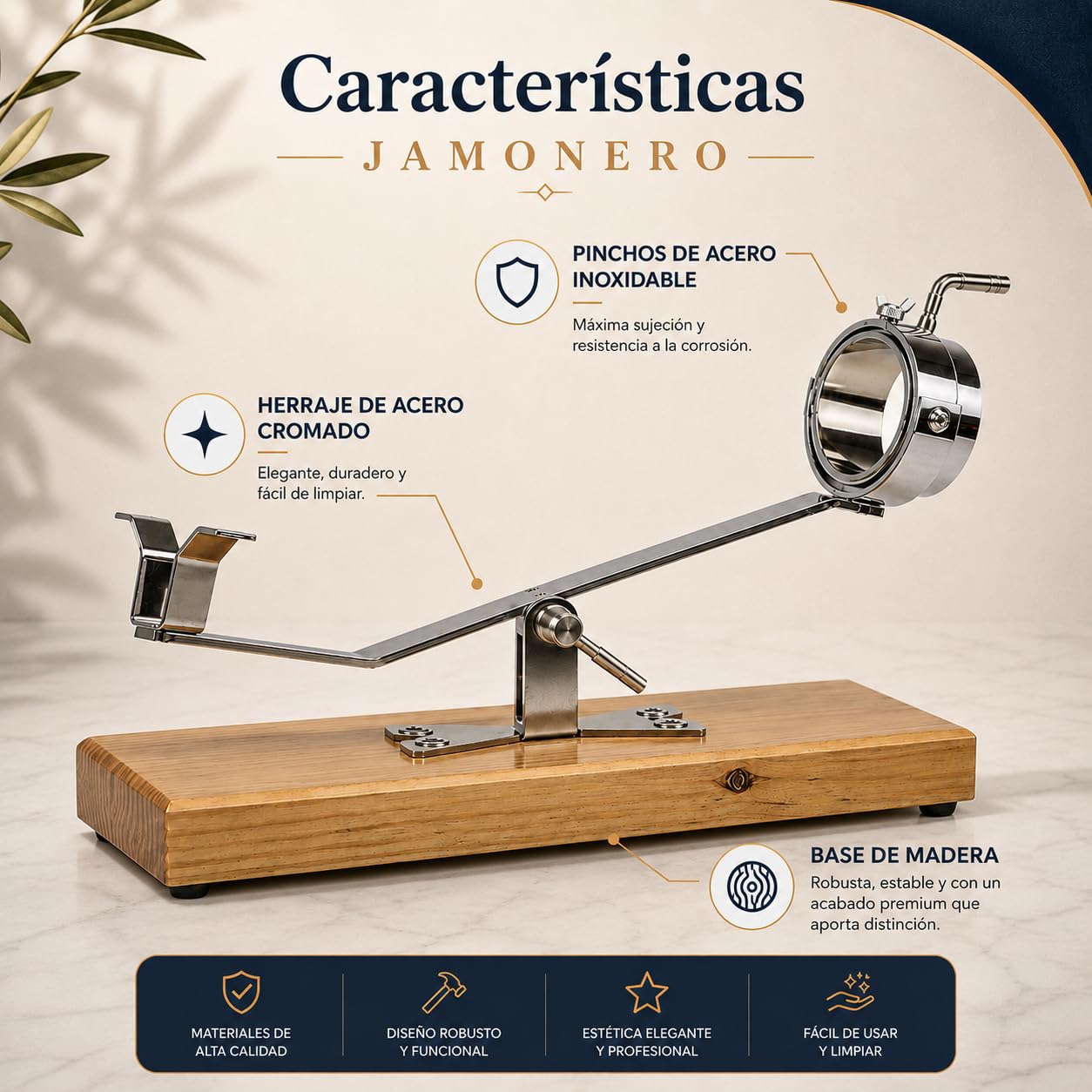 FERRETERIA LEPANTO Jamonero Giratorio basculante Giratorio, Soporte jamonero + Set de Corte con Cuchillo jamonero, chaira y Cubre Jamon: (Base Madera Nogal)