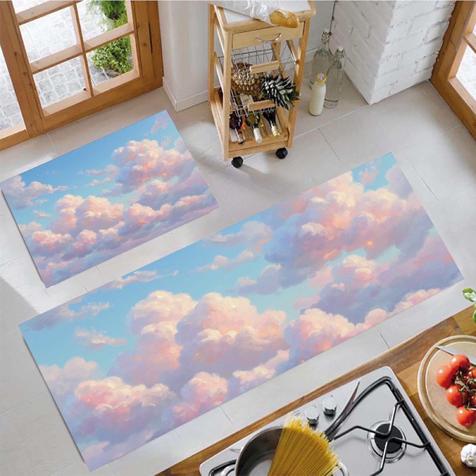 Nuages Simples Lot de 2 Tapis Cuisine antidérapants lavables, Ciel Rêve Anti-Fatigue paillasson Cuisine pour décoration de Maison Bureau Debout, 50x80+50x120cm