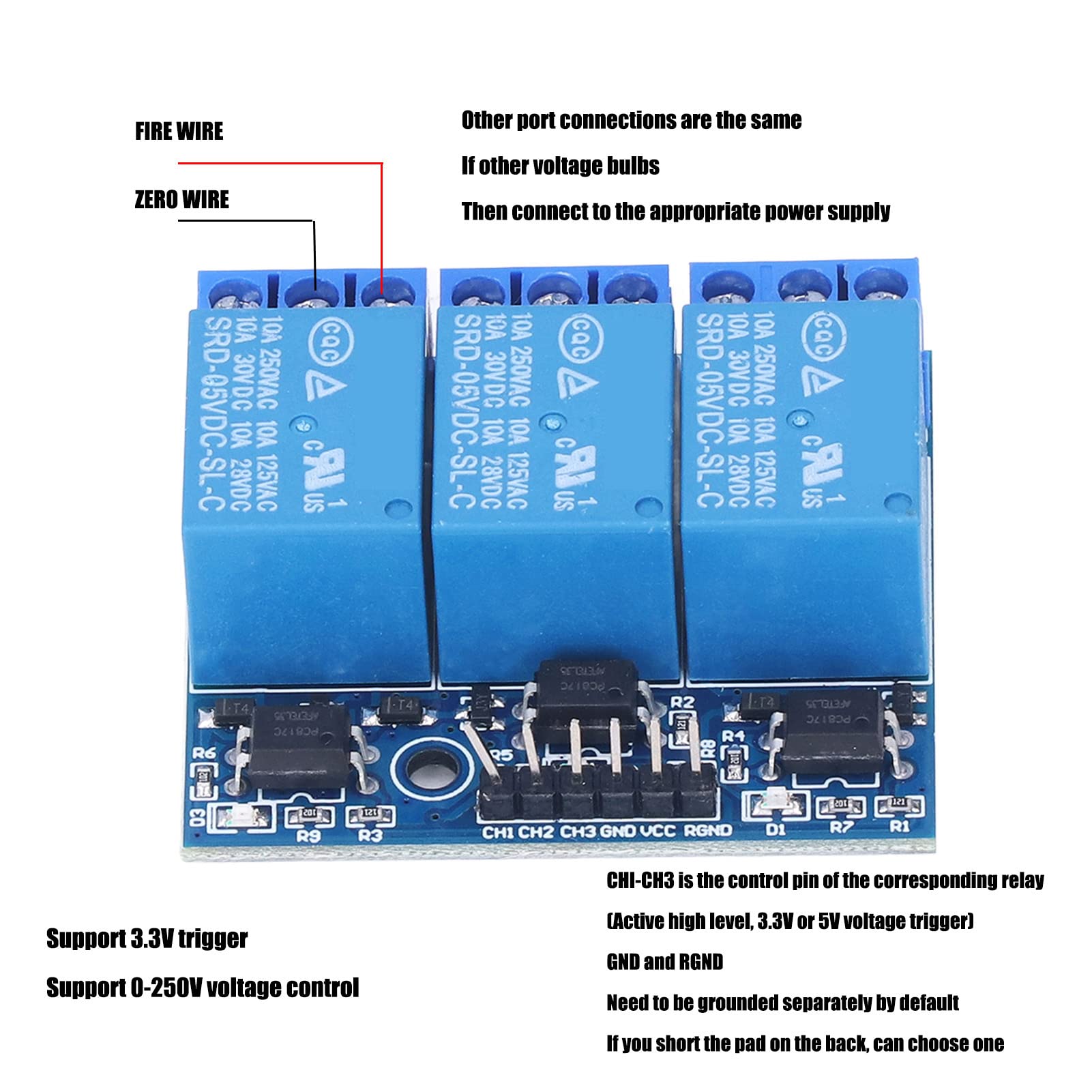 3 Channel Relay Module, High Voltage Relay Board Fault Tolerant Design Electronic Relays with Isolated Optocoupler High Low Level Trigger for Electronic (12v)