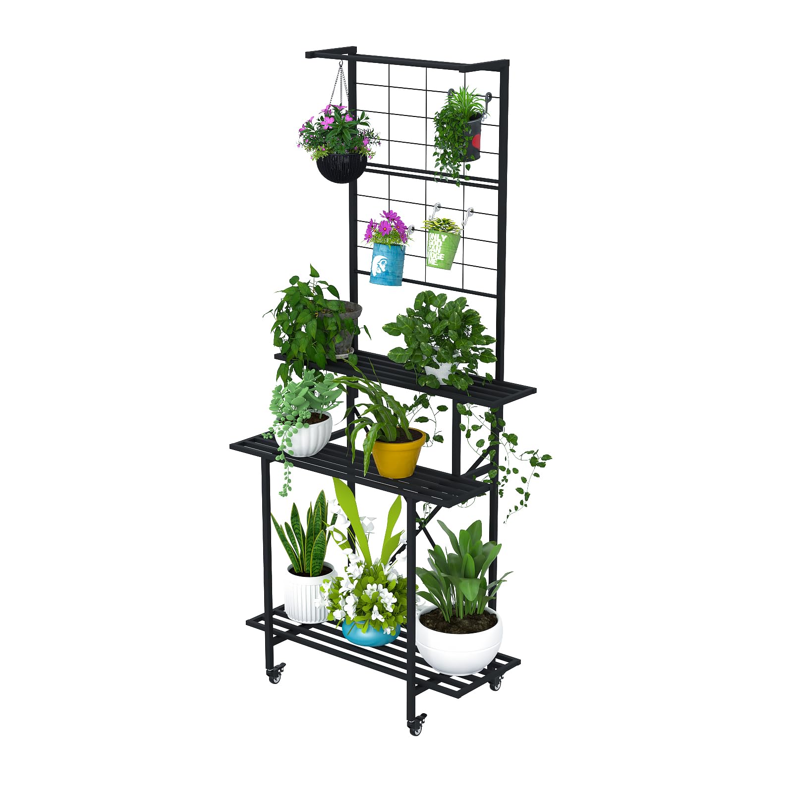 3 Tier Heavy Duty Plant Stand with Hanging Plant pot shelf with wheels, 35.43 L x 18.11 W x 81.1H multi layer plant Holder for Home, Garden, Plant Lovers,Metal Storage Rack Shelf/Freestanding