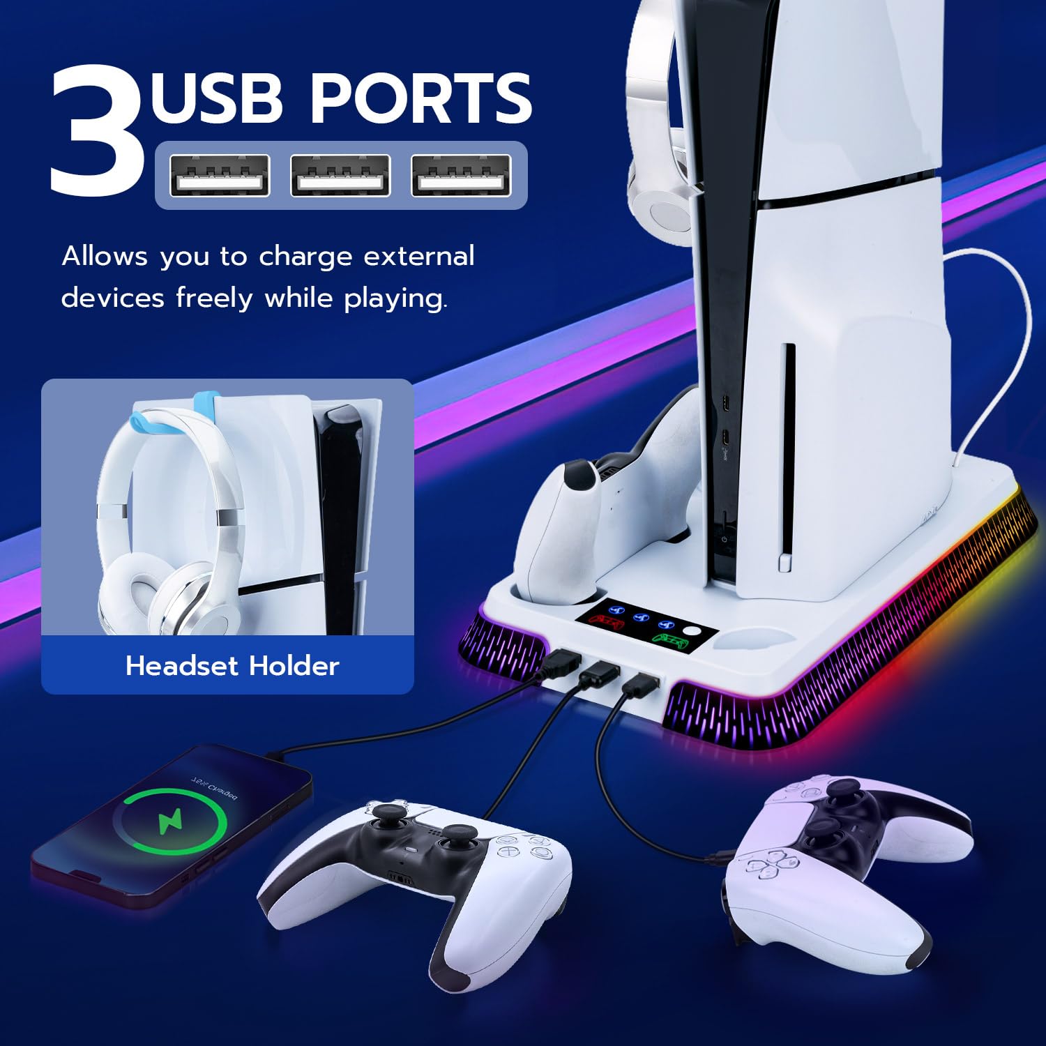 Uchwyt do PS5/ Slim/PS5 Pro, stacja chłodząca RGB z podwójnym kontrolerem, 3-biegowy wentylator chłodzący ze słuchawkami i 3 portami USB - biały