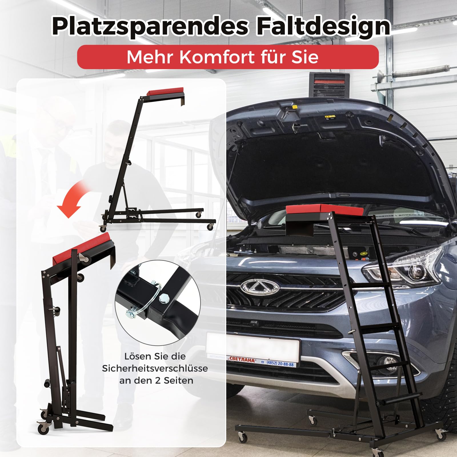 COSTWAY Werkstatthocker mit Leiter 114,5-168 cm Höhenverstellbar, 4 Stufenleiter mit Werkzeugplattform & Rollen, Werkstatt Montagerollbrett Montagerollleiter, Topside Creepers für LKW & SUV