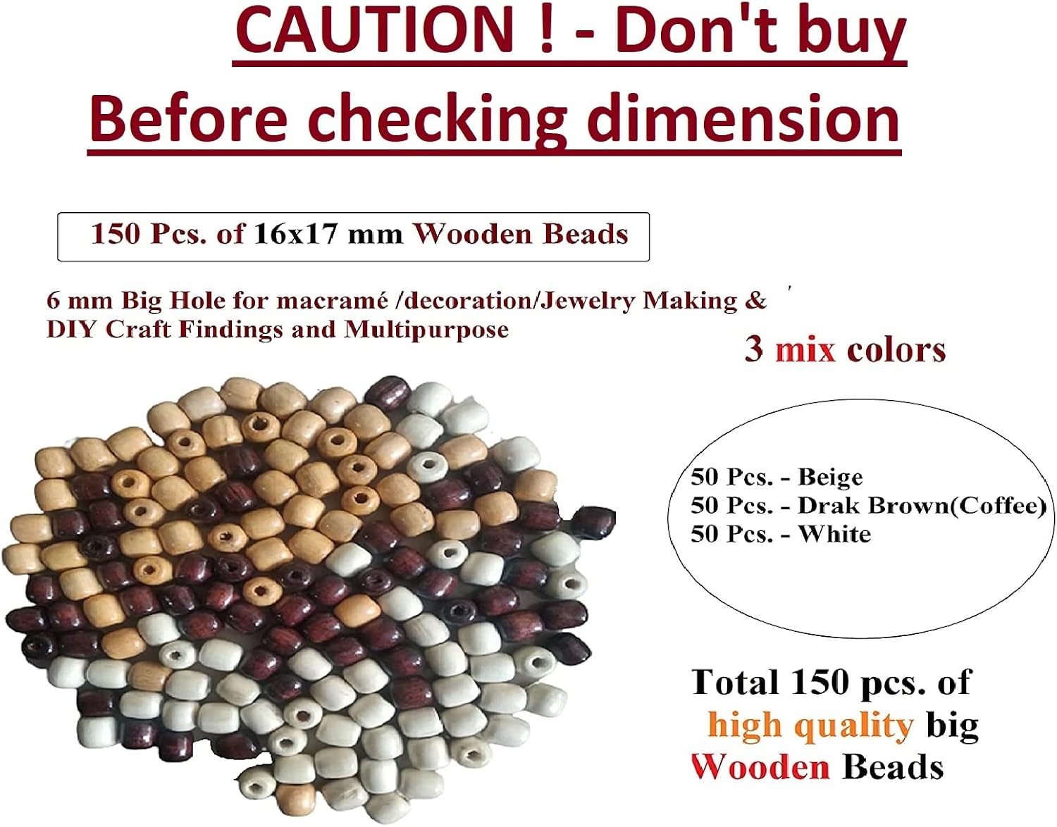 Multipurpose Big Hole Wooden Beads - 150 Pieces. 16x17 mm Beige, Brown, White Tri Colors Mix (6 mm Hole)