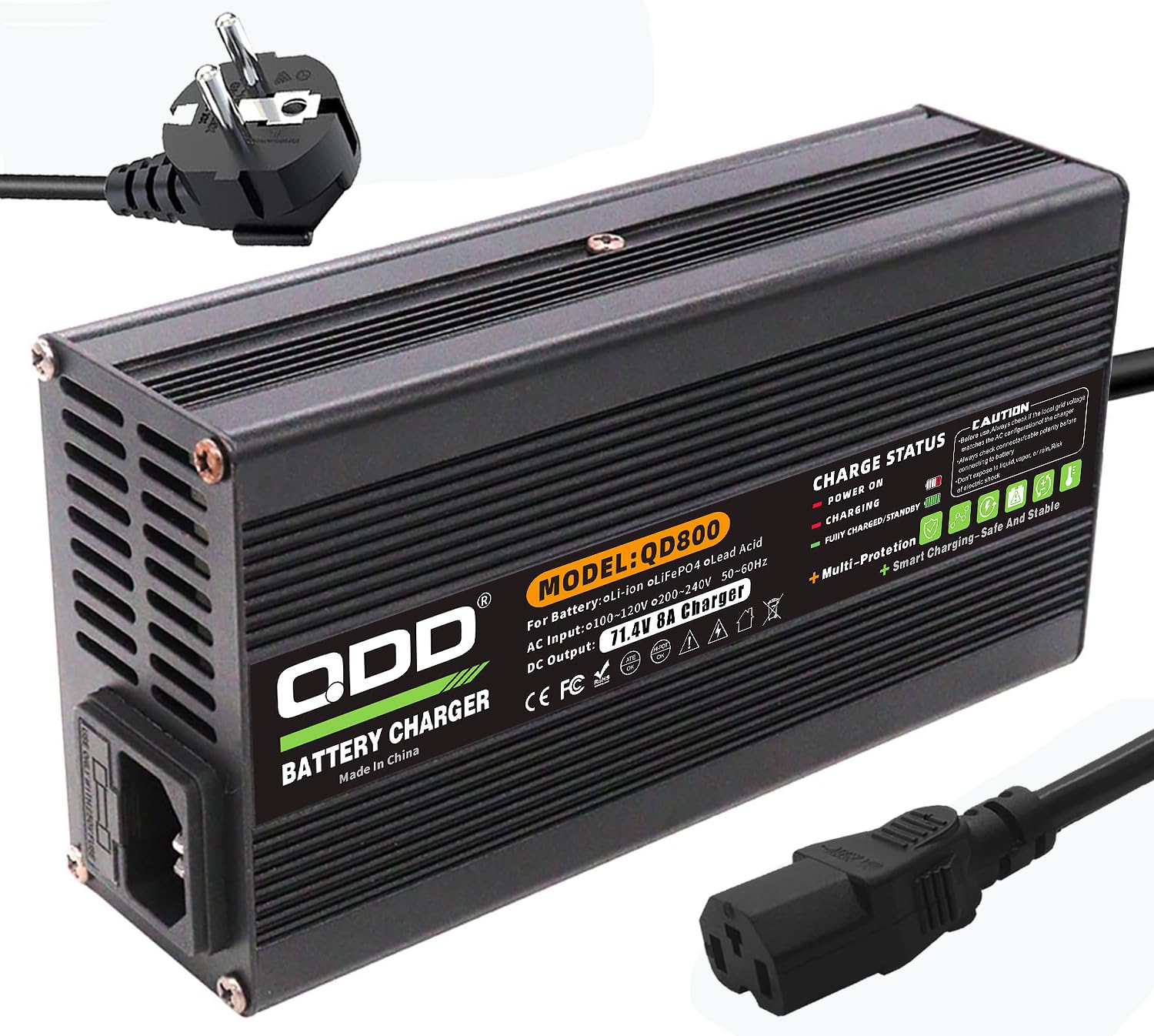 QDD Ładowarka litowo-jonowa 71,4 V 8 A, 60 V, czarna aluminiowa obudowa, wyjście DC C13 N+L, używana do akumulatora litowego 17S 60 V