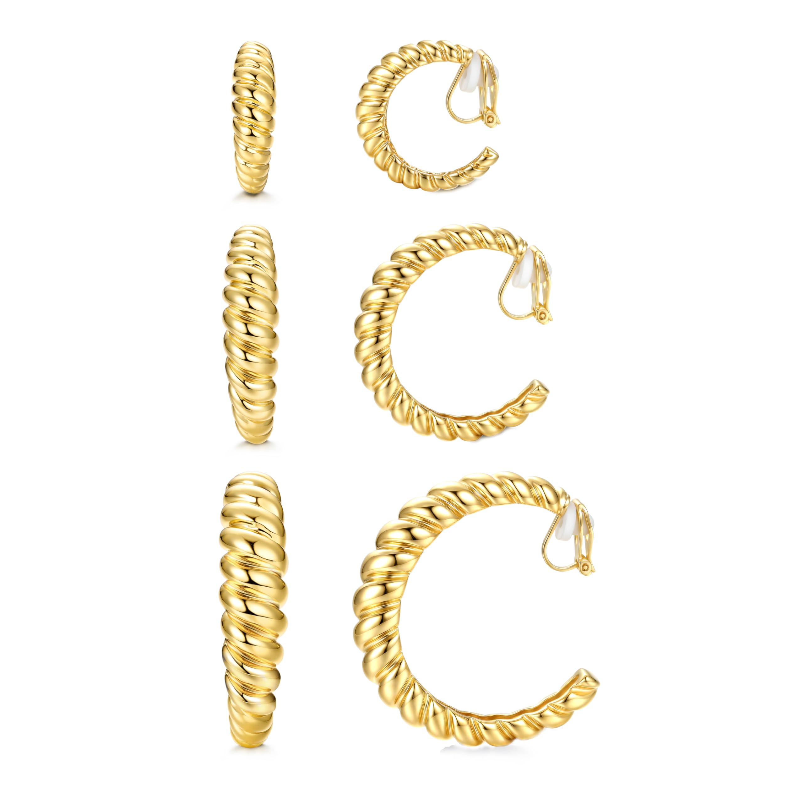 Florideco 3Pairs Clip on Earrings for Women Trendy Hypoallergenic Tube Croissant Clip-on Hoop Earrings Set Non Pierced