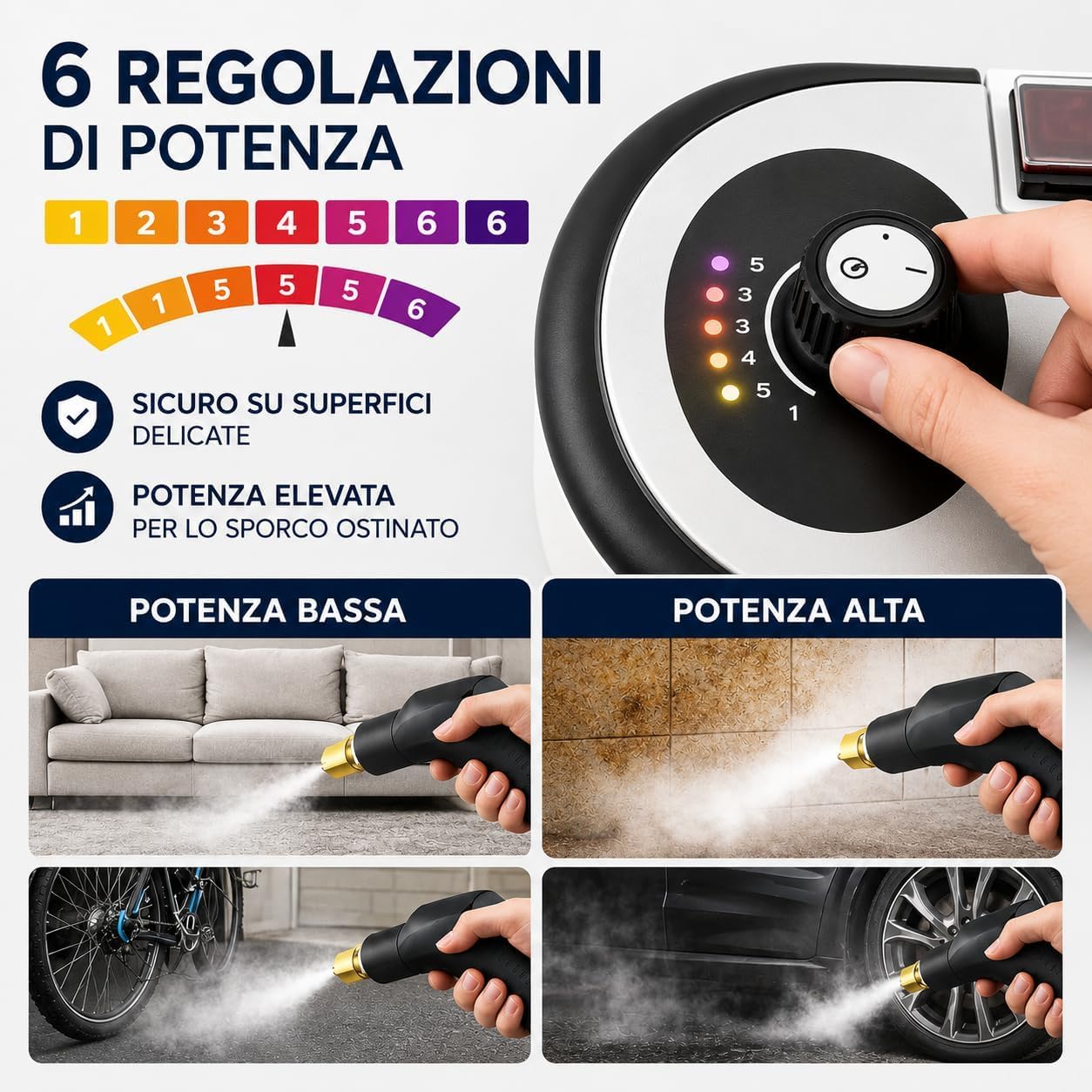 Pulitore a Vapore Portatile 2500W ad Alta Pressione – 6 Velocità Regolabili, Serbatoio 1200 ml, 3 Testine Incluse – Ideale per Casa, Cucina, Bagno, Finestre e Auto
