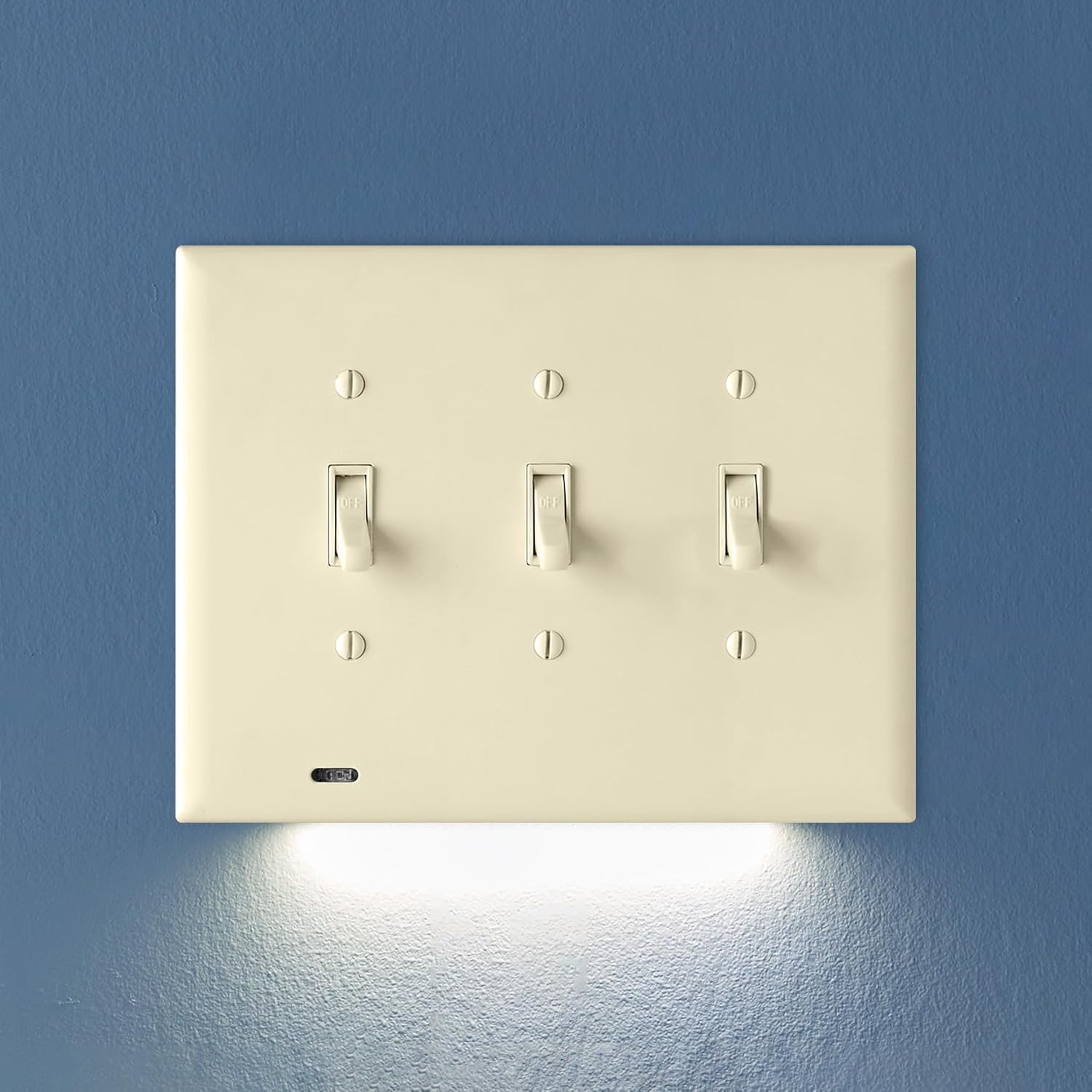 Single - SnapPower SwitchLight [for Triple-Gang Light Switches] - Switch Wall Plate with Built-in LED Night Lights - Bright/Dim/Off Options - Auto On/Off Sensor - (Toggle, Light Almond)