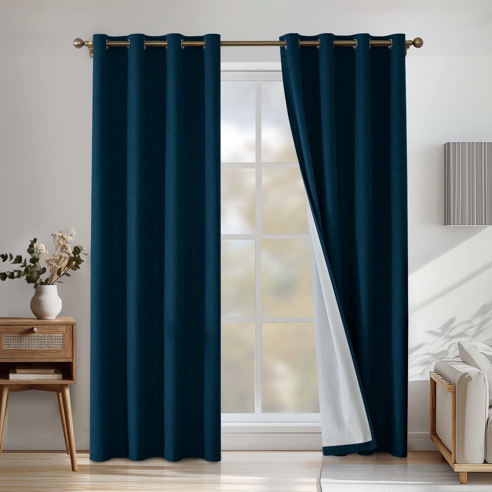 Verdunklungsvorhänge Leinen 2er Set, 200x245cm, Kälteschutz Thermovorhang Mit Ösen, Lärmschutzvorhang, Wohnzimmer Lichtundurchlässig Vorhänge, Schlafzimmer Vorhänge, Dunkelgrün