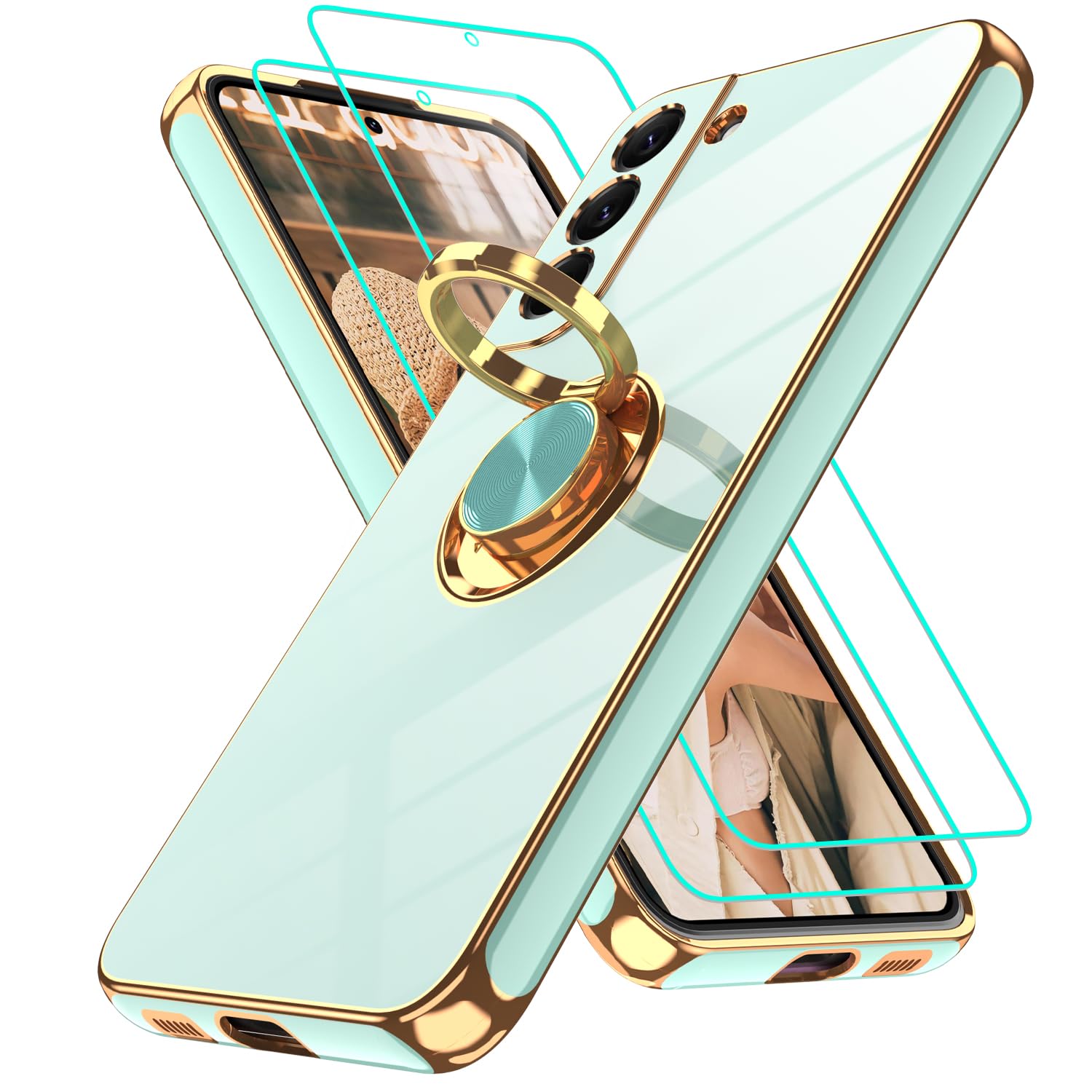 Coque S22 Plus avec Protège-Écran | Protection Antichoc Or et Vert Clair - 8