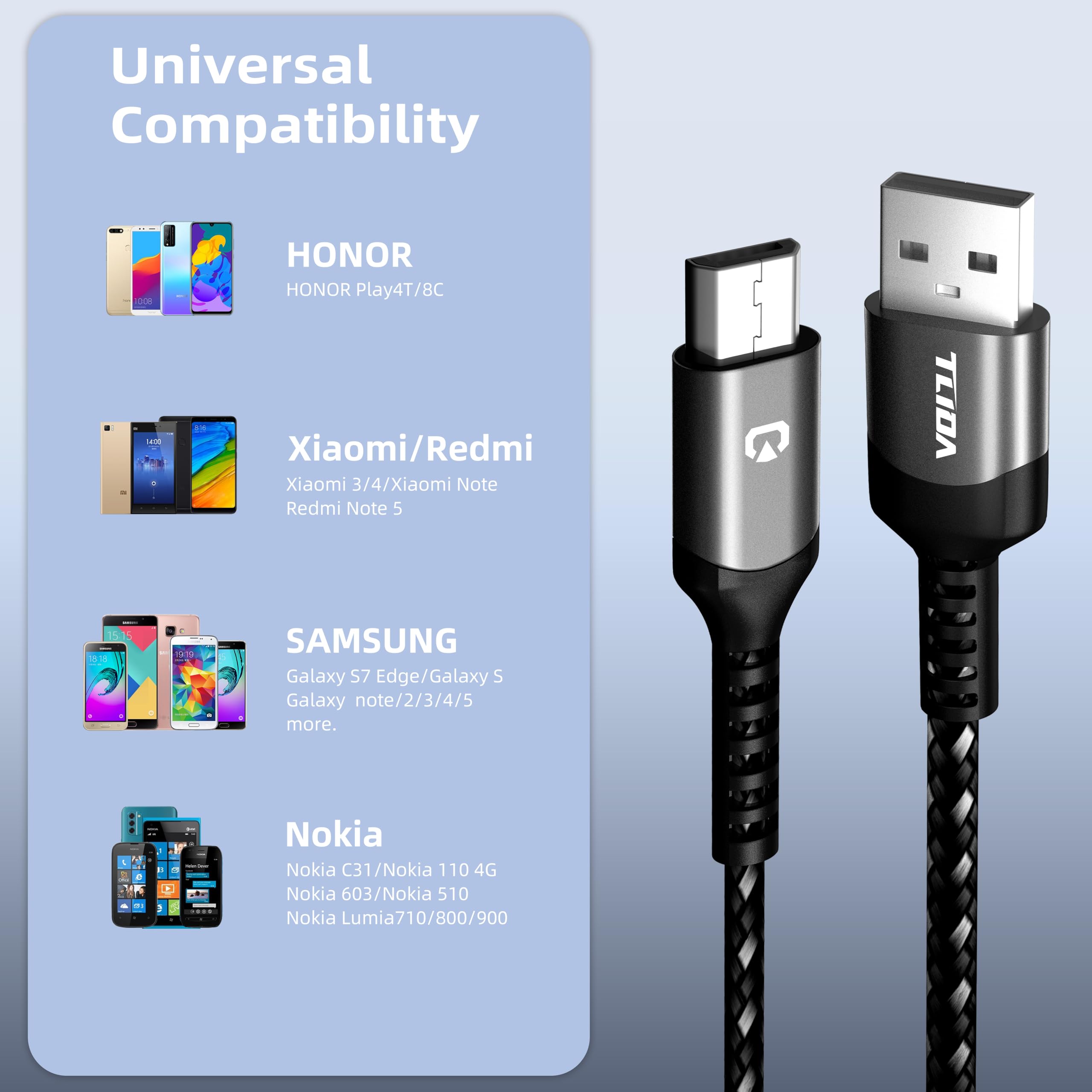 Kabel micro USB, szybkie ładowanie i synchronizacja ładowarka z systemem Android, plecione nylonowe kable micro USB kompatybilne z GalaxyS7S6J7 Edge Note 5, Sony, Kindle, MP3, urządzeniami z