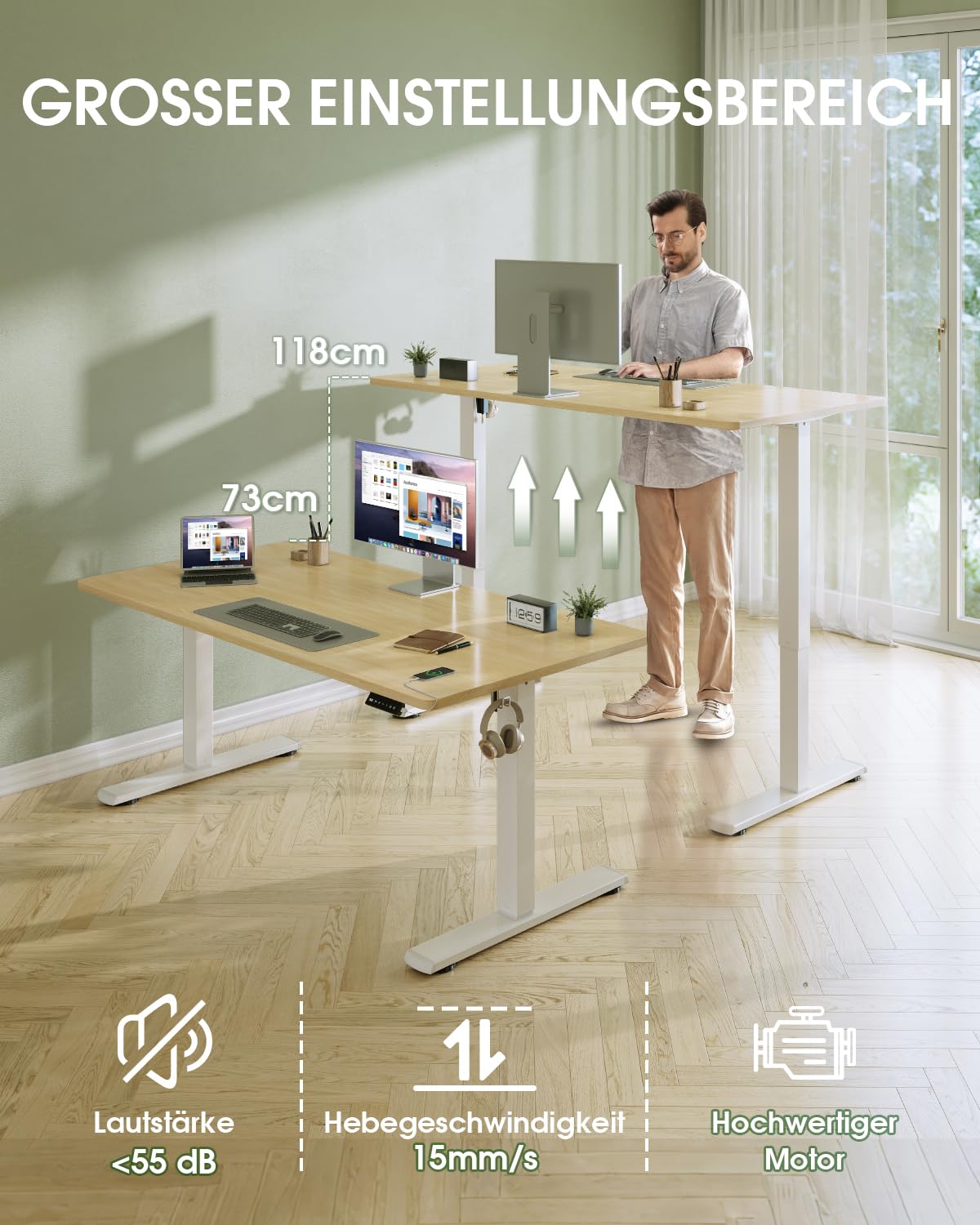 Flamaker Höhenverstellbarer Schreibtisch Ganze Tischplatte 110 x 53 cm, Schreibtisch Höhenverstellbar Elektrisch mit Memory Steuerung, Gaming Tisch mit Sitzende Erinnerung und USB-Aufladung (Beige)