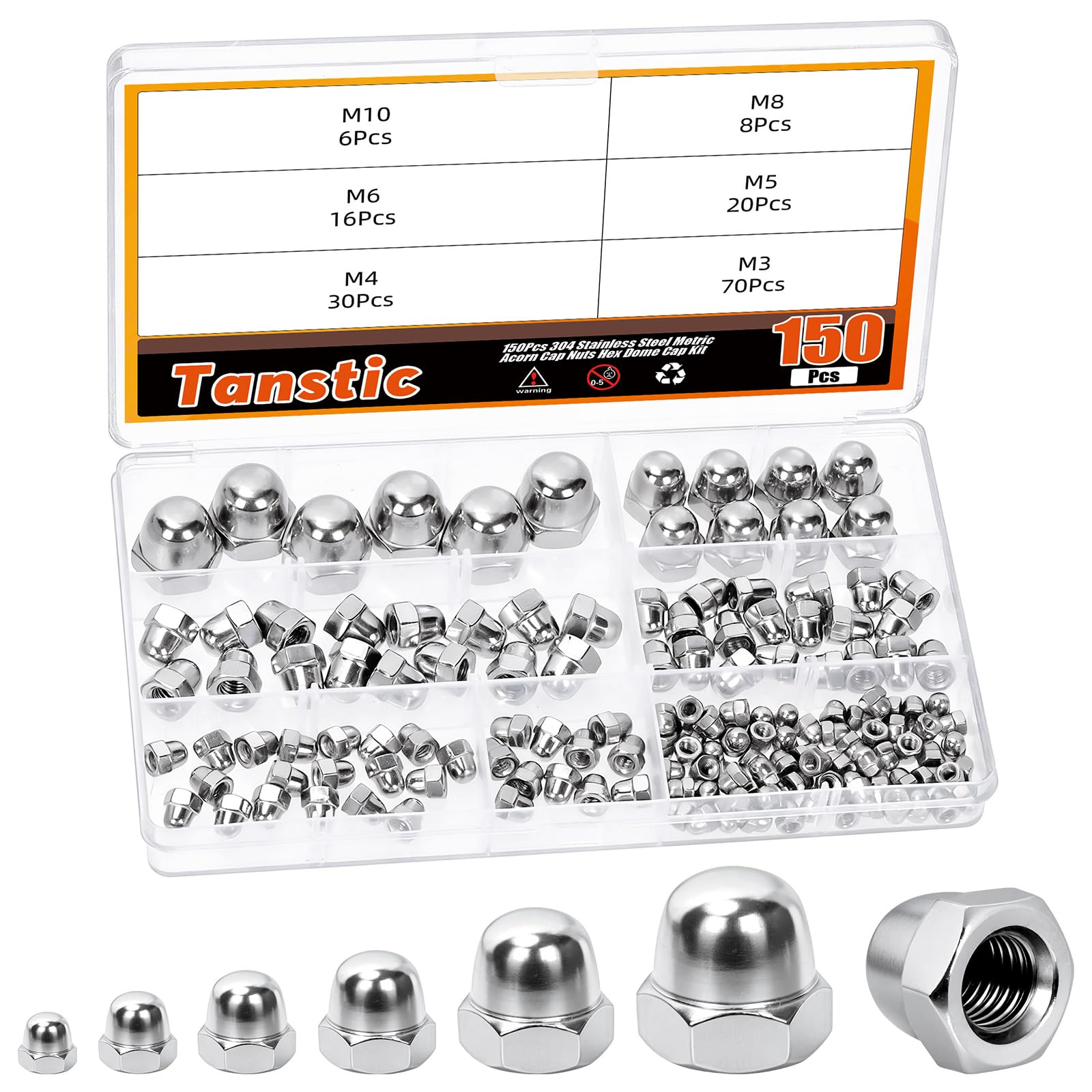 Tanstic 150pcs M3 M4 M5 M6 M8 M10 Acorn Cap Nuts, 304 Stainless Steel 6 Sizes Dome Head Hex Nut, Hex Acorn Nuts for Furniture Automotive Marine Hardware