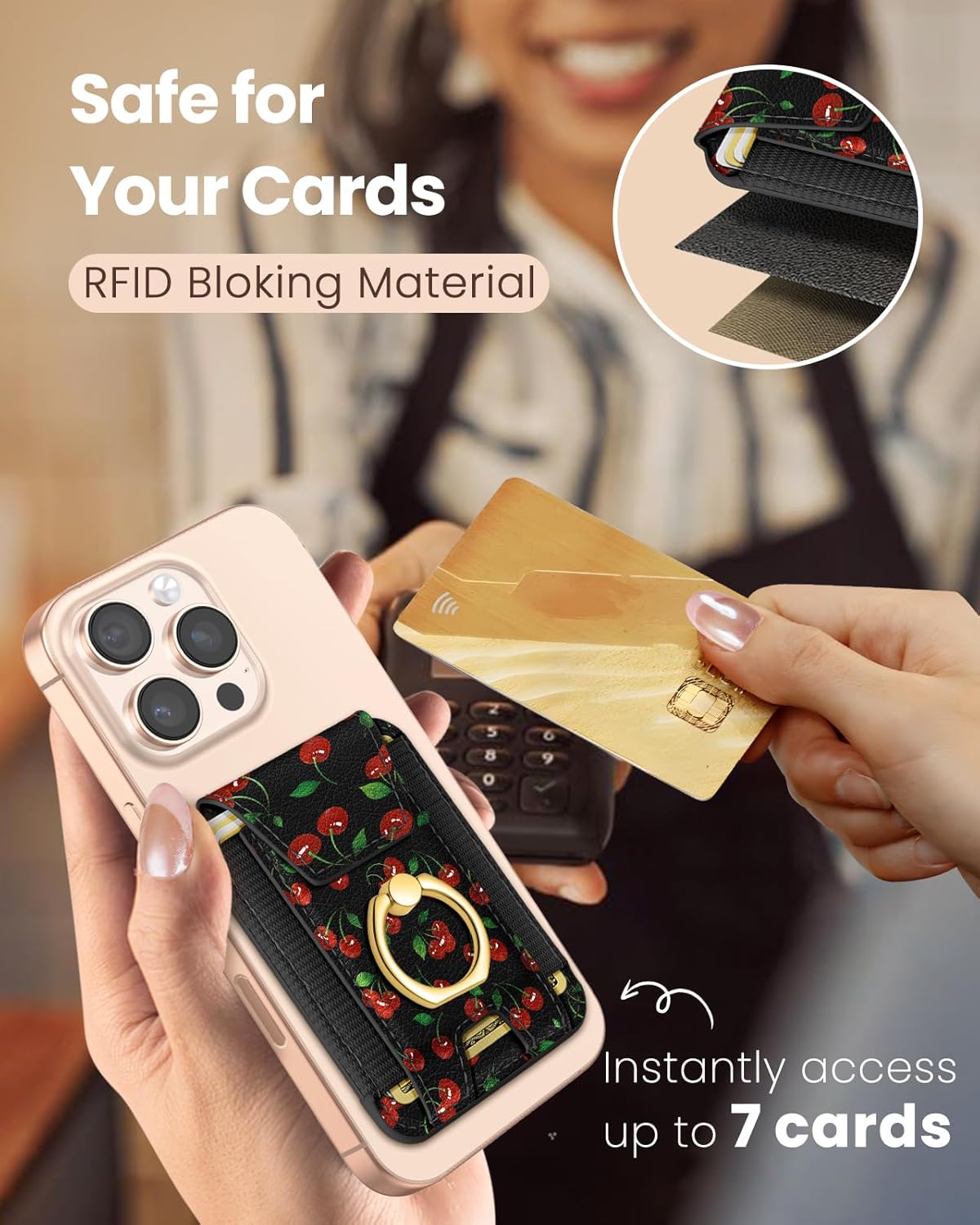 Shorogyt Compatible with Magsafe Wallet with Ring Stand Grip - Cute Magnetic Phone Wallets Card Holder for iPhone 17/16/15/14/13/12 Series for Women Girls Cherry Design, Fit 7 Cards - Image 5