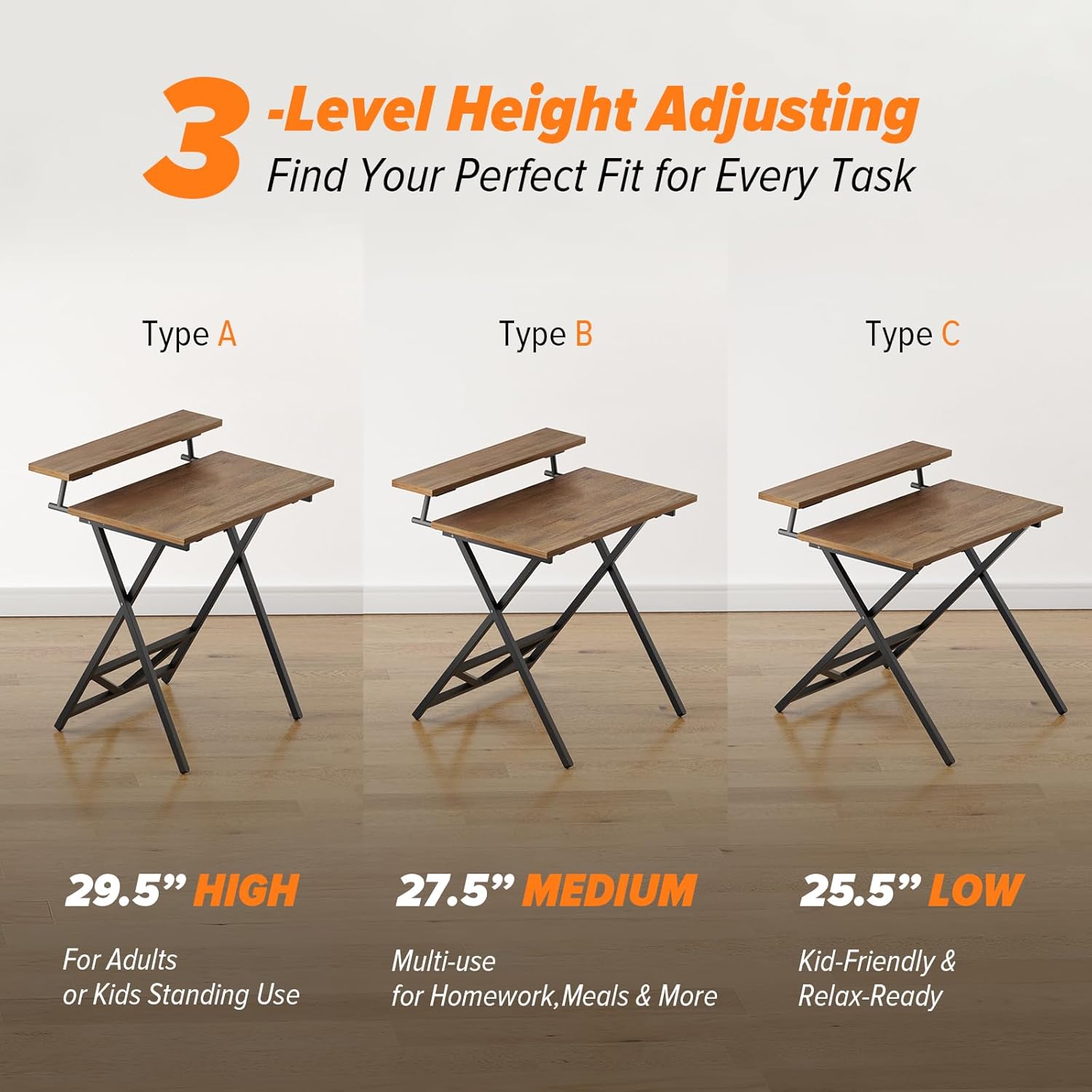 WOHOMO Folding Computer Desk with Adjustable Height, 23.6" x 31.5" x 25.6" Foldable Table with Monitor Stand, Small Office Desk for Bedroom, Space Saving Desk for Home Office, Easy Assemble, Walnut