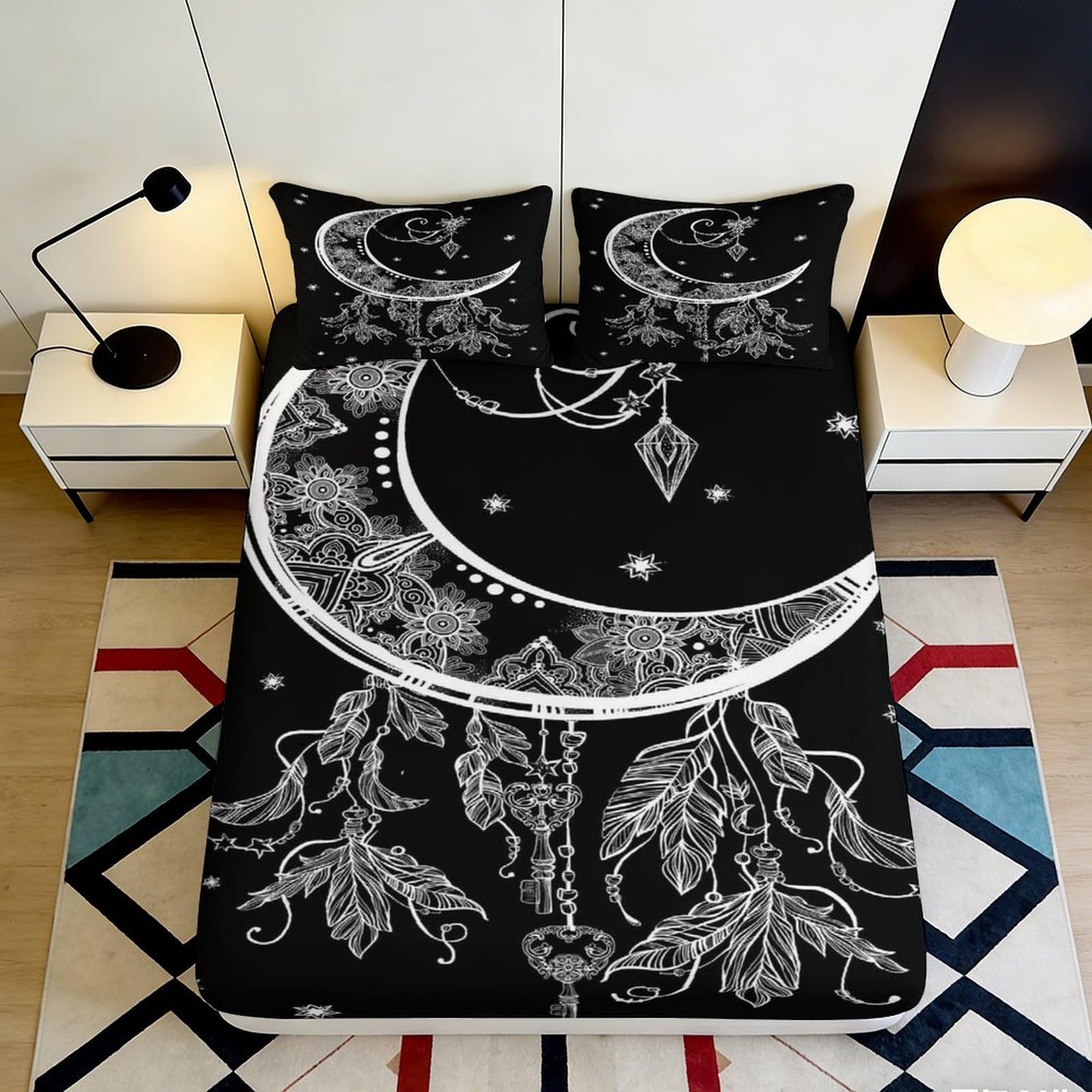 3D Printed Moon Dreamcatcher Fitted Sheet Microfiber Soft Breathable Celestial Stars Bed Cover for Bedroom Dormitory Guest Room Mattress Protection 120x200x25cm