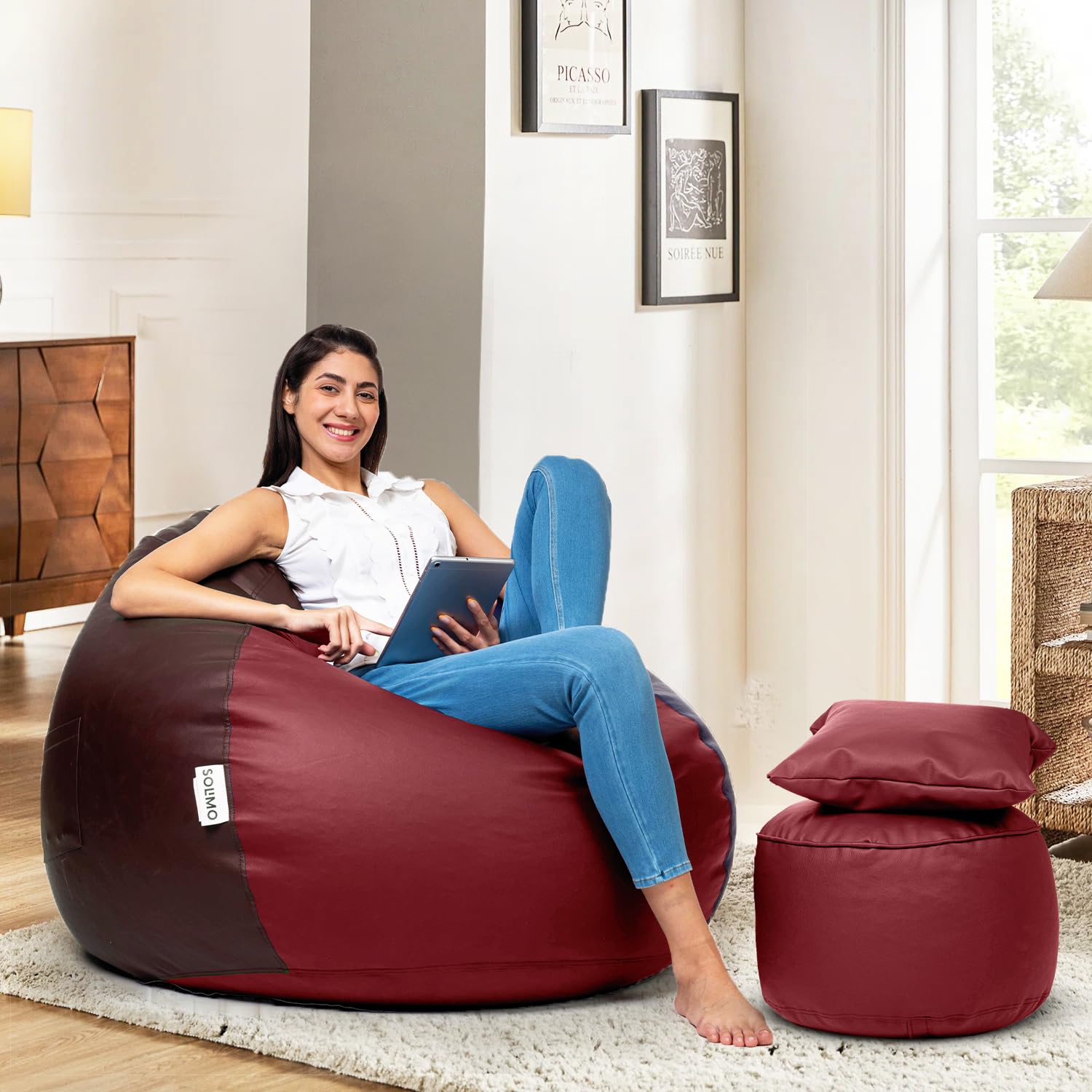 Amazon Brand - Solimo Premium Faux Leather Bean Bag Combo with Footrest & Cushion | Capacity 6. 3" Height, Up to 120 kg, XXXL| Prefilled with High Intensity EPS Beans & Contemporary Style | 71 D x 71 W x 124 H cm | Cocoa Brown and Tan-picture-14