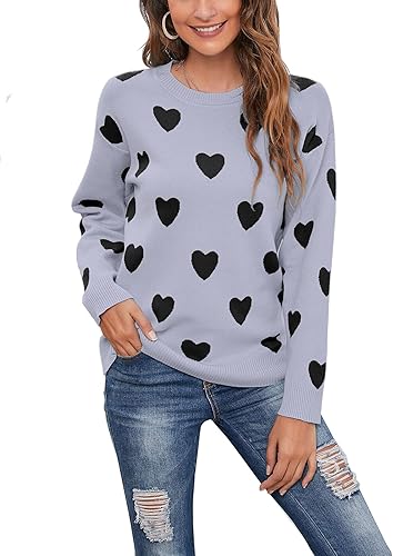 shermie Women Cute Heart Pullover Sweaters Long Sleeve Crewneck Casual Knit Swea