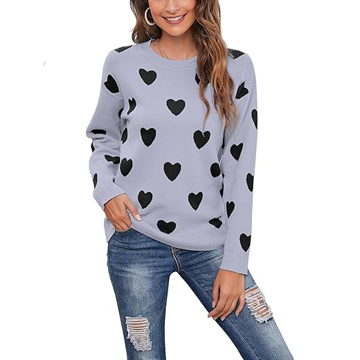 shermie Crewneck Sweaters for Women Long Sleeve Cute Multi Hearts Knitted Pullover Sweaters Grey Small