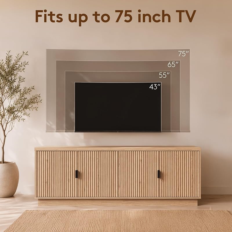 Fatmok Fluted TV Stand for up to 75" TVs, 68" Entertainment Center with 4 Doors, Modern Media Console with Adjustable Shelves & Storage Cabinets, Natural Oak image 4