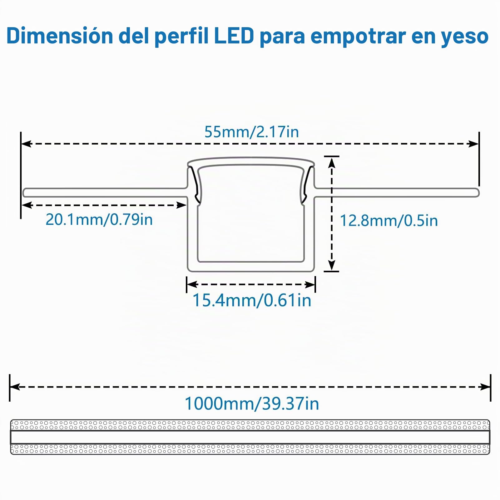 inShareplus Perfil LED de yeso, 3.3 pies/1 m, 10 canales LED de aluminio con difusor lechoso, difusor de tira LED empotrable sin borde para debajo del gabinete, estante, pared, mesa, techo y esquina
