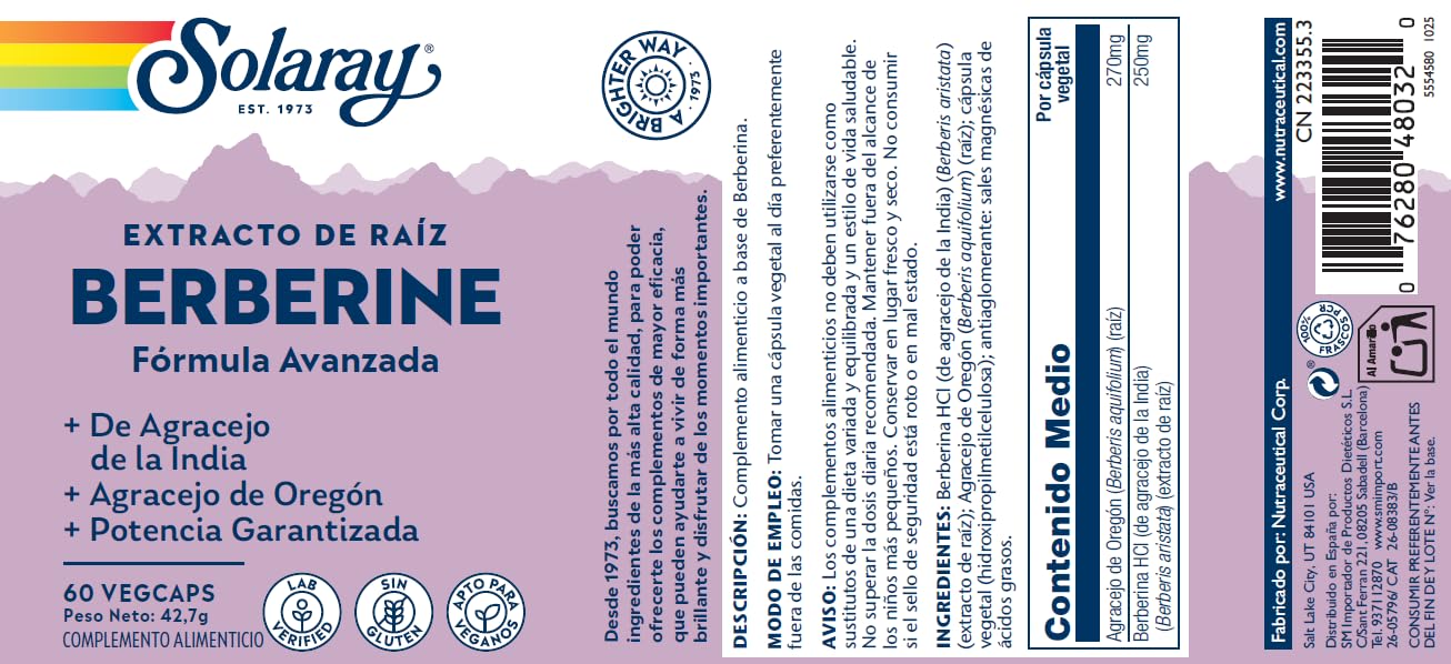Solaray Berberine | Fórmula avanzada | Berberina | cápsulas, 60 VegCaps