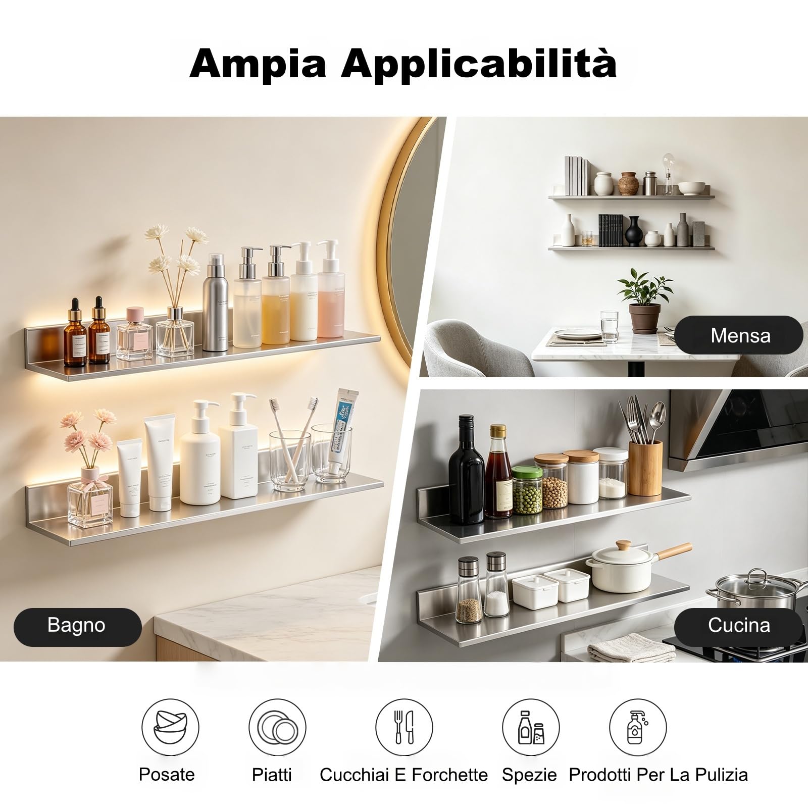 Mensola da parete in acciaio inox, 2 pezzi, 76,2 x 21,8 x 8,5 cm, mensole angolari per cucina, set di mensole a parete, mensola sospesa per caffetterie, cucine, dispense