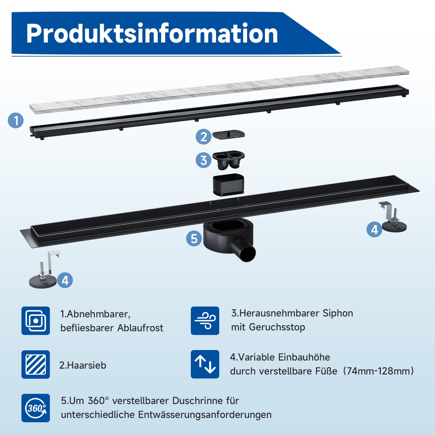 Duschrinne 80cm Edelstahl 360 verstellbar mit Siphon und Haarfilter für Badewanne, Küche und Balkon
