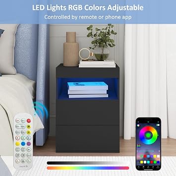 YU YUSING Bedside Table with 2 Drawers, Charging Station and RGB Lights