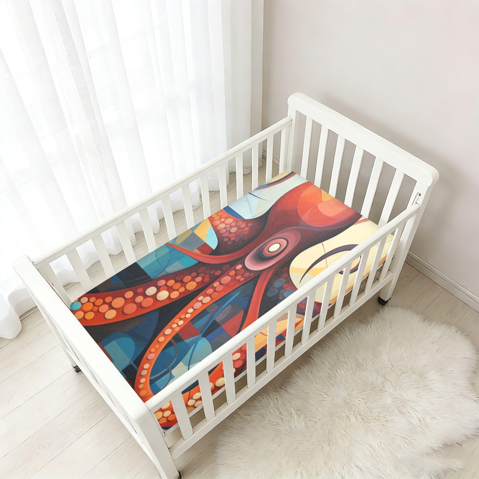 Pulpo Abstracto Rojo Pixel Estilo Sábana de Cuna para Niños Pequeños,Sábanas de Algodón Suave para Bebés Aptas para Colchón Corralito
