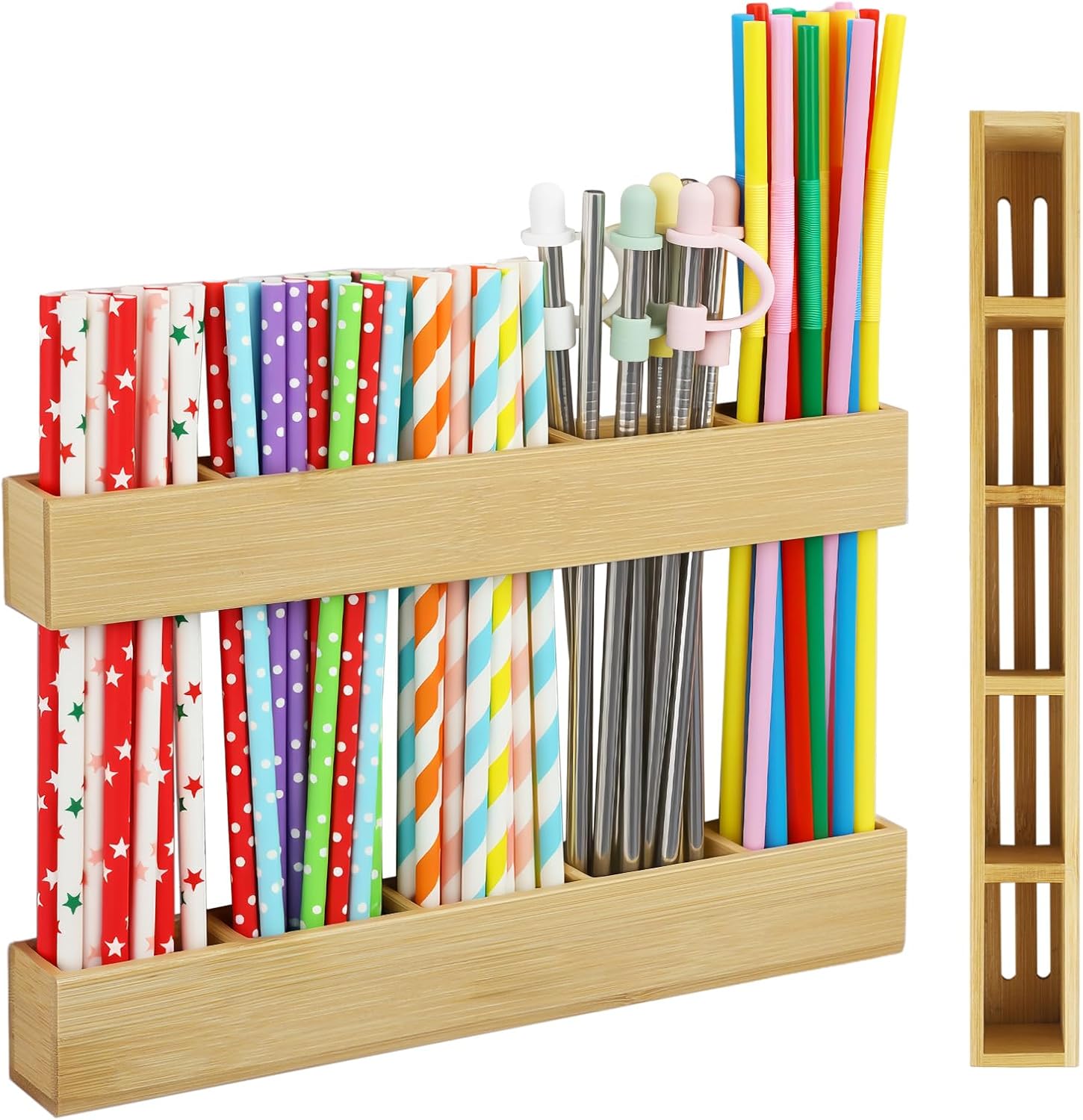 Bamboo Drinking Straw Dispensers, Straw Holder for Cabinet Door, Adjustable Two-Part Straws Organizer Storage,Ultra Sticky Reusable for Kitchen Door