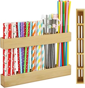 Adjustable Two-Part Bamboo Drinking Straw Dispensers for Cabinet Door | Organizer Storage Ultra Sticky Reusable for Kitchen Door