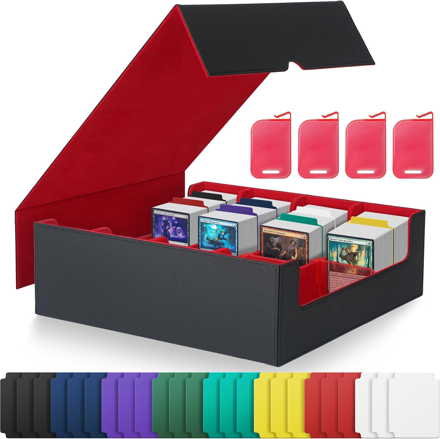 Trading Card Storage Box – Holds 3000+ Cards, PU Leather Commander Deck Box with Magnetic Closure, 24 Dividers & 4 Card Supports, 4-Row Organizer for MTG, PTG, Sports Cards