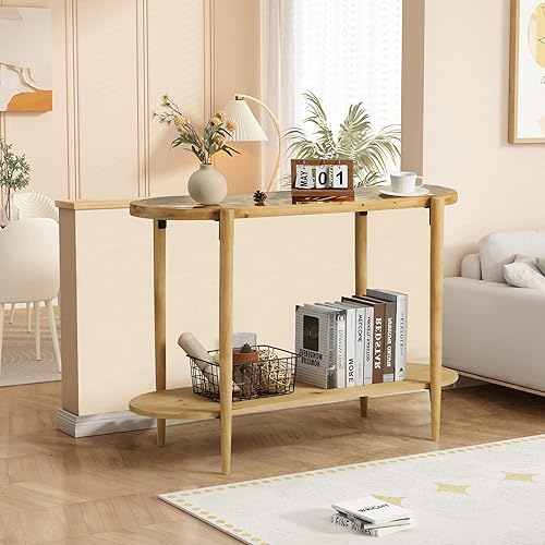 Miniatura 7 de RUSTOWN Mesa consola de ratán, mesa de entrada bohemia de 2 niveles con parte superior de vidrio templado y patas de madera, mesa de sofá moderna de
