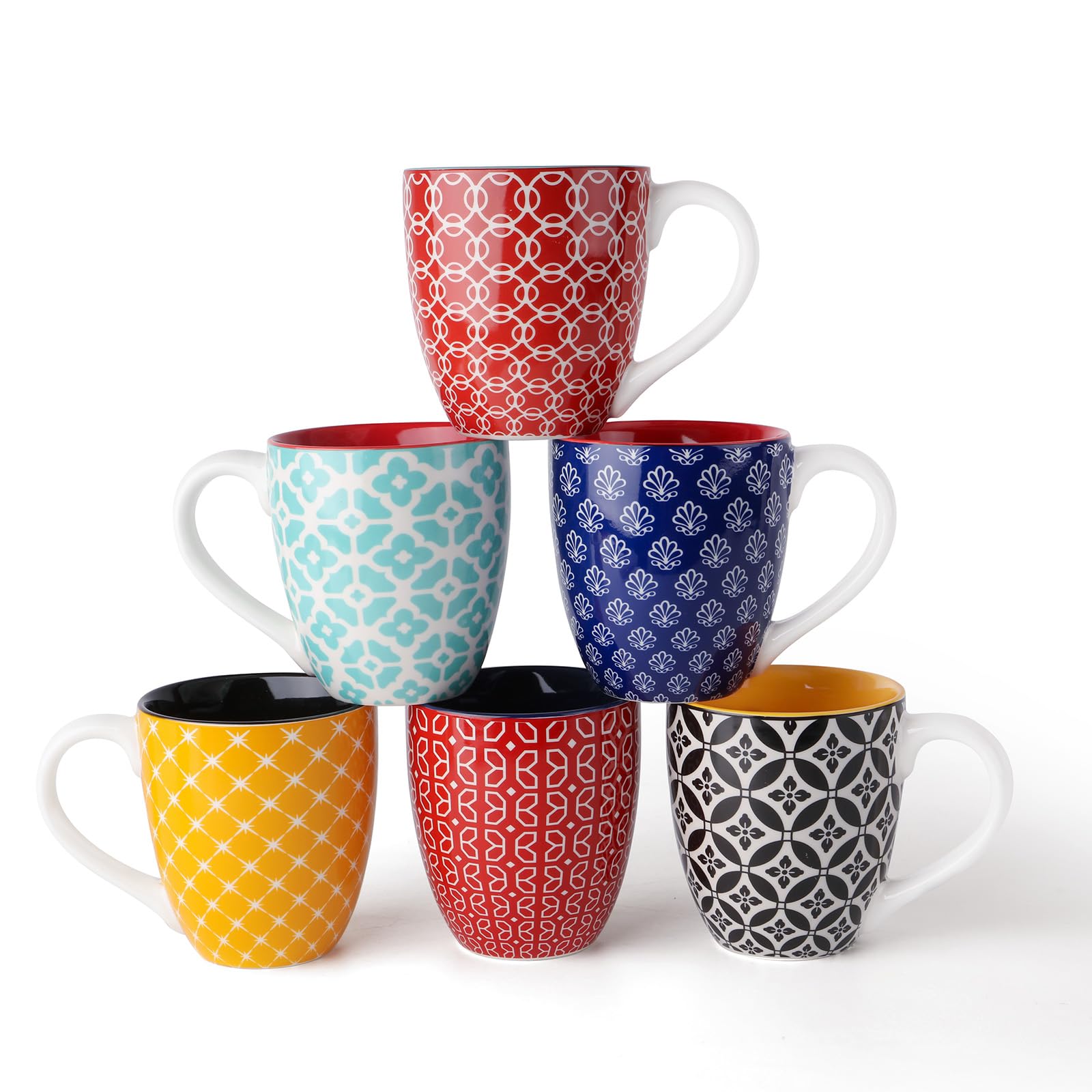 DOWAN Juego de 6 Tazas de Café - 560ml - Tazas Grandes de Cerámica para Té y Chocolate Caliente - Motivos Orientales Clásicos - Gran Regalo para los Amantes - Multicolor | Tazas de café de porcelana con asa, taza de cerámica moderna de colores, ideal como
